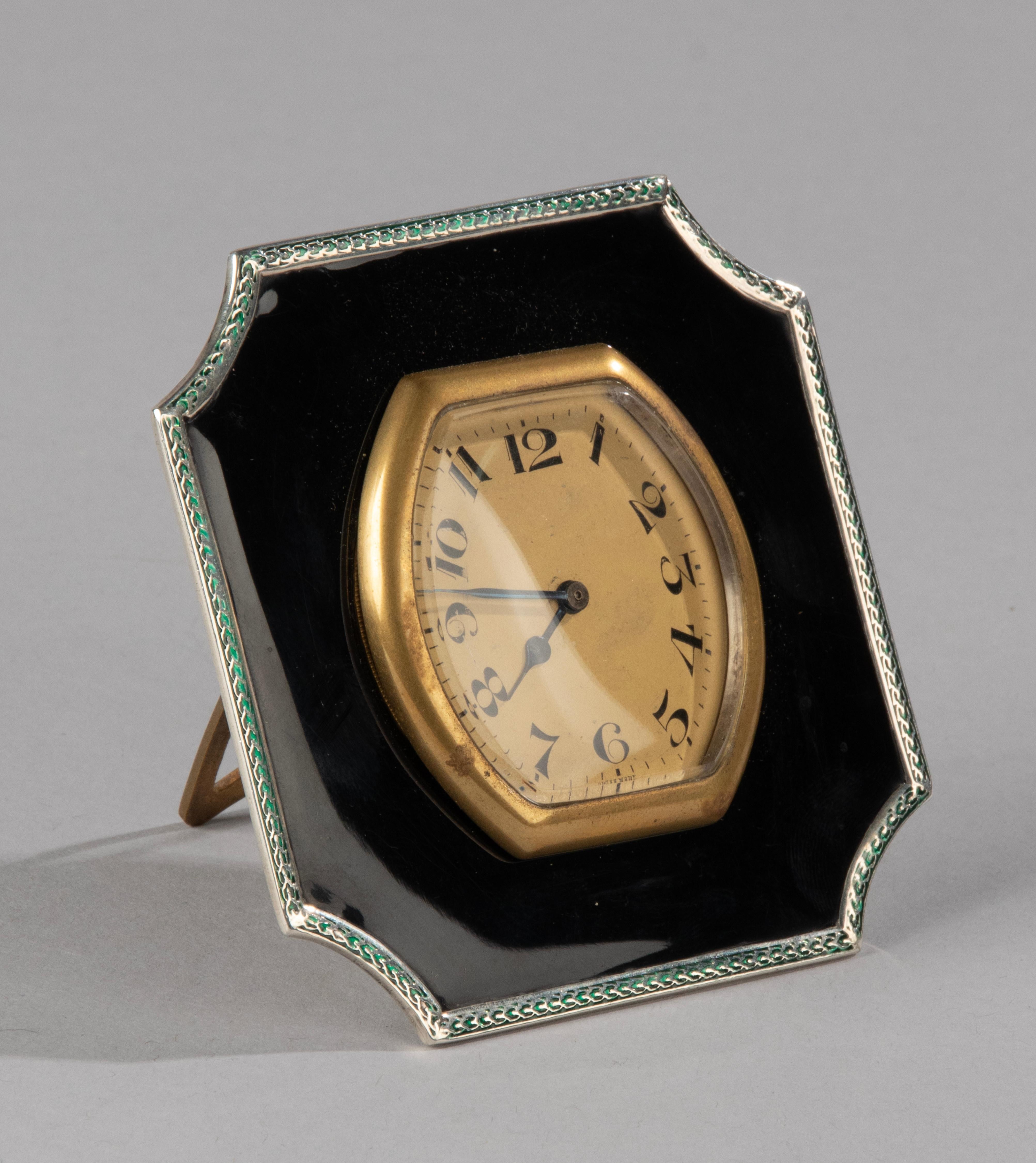 Art Deco Sterling Silver and Enameld Table Clock - Birmingham 1928  4