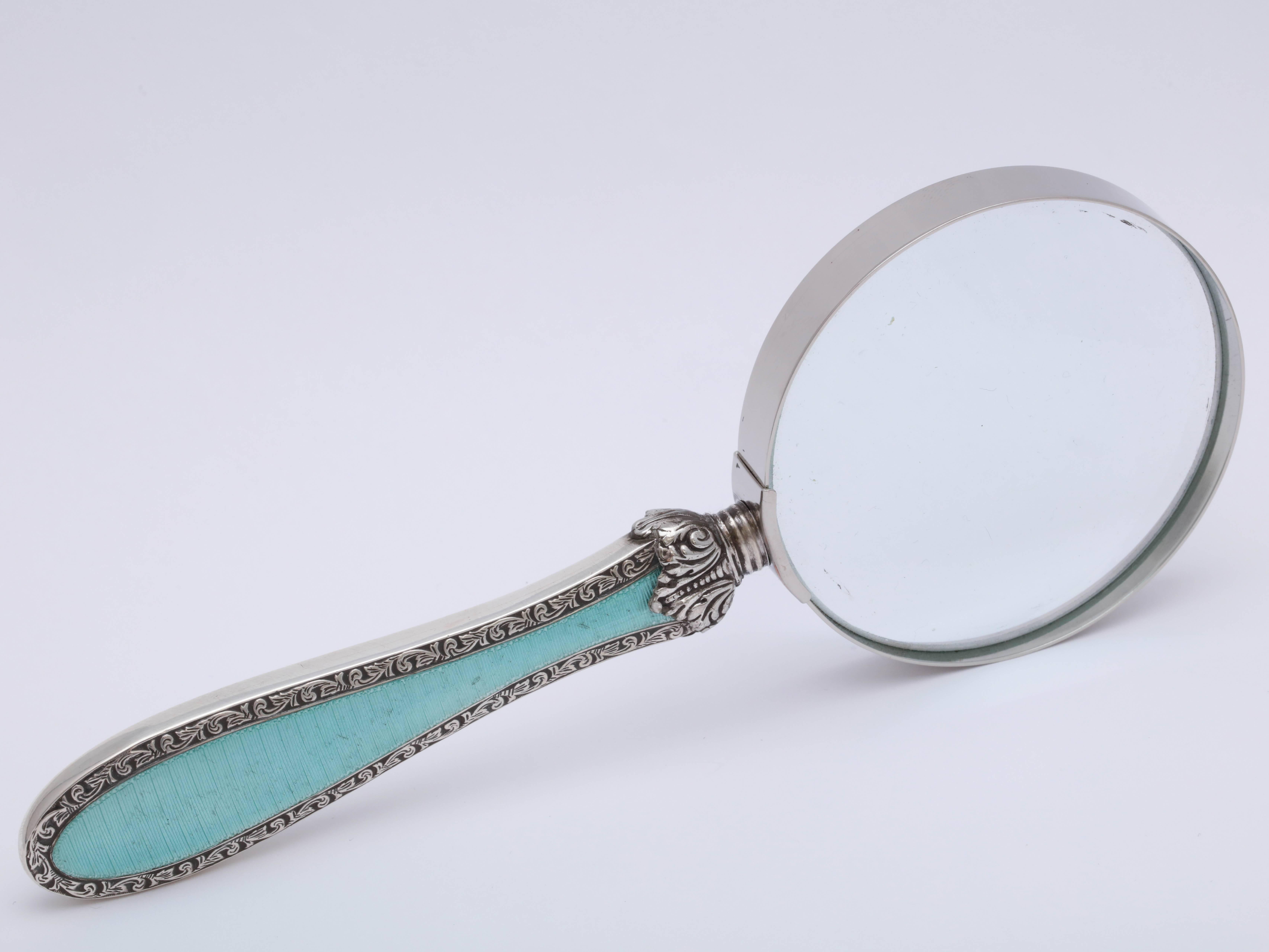 English Art Deco Sterling Silver and Green Guilloche Enamel Mounted Magnifying Glass