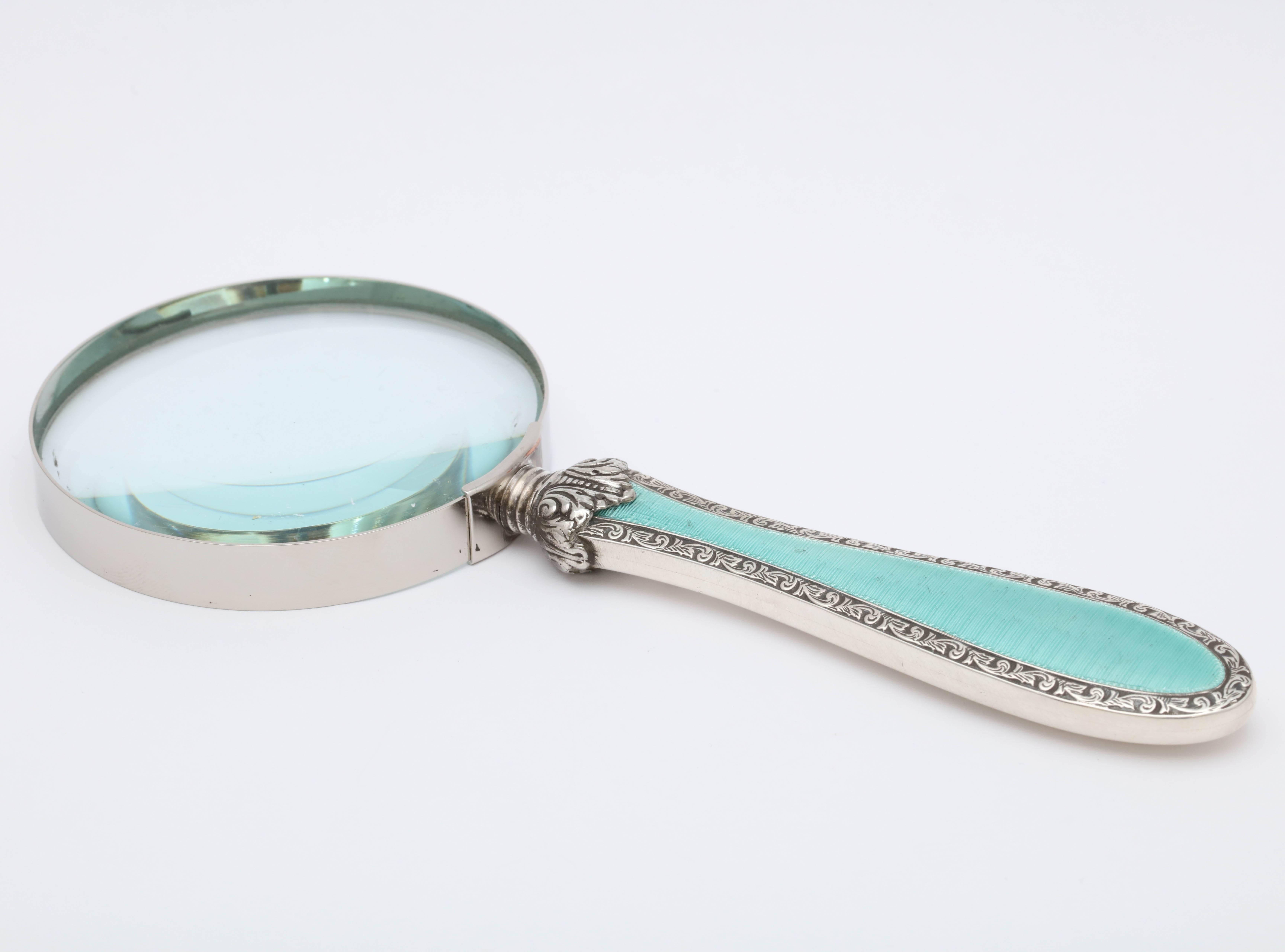 Metal Art Deco Sterling Silver and Green Guilloche Enamel Mounted Magnifying Glass