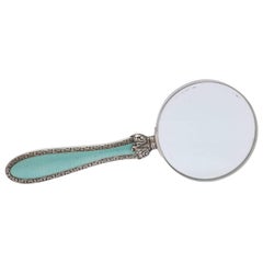 Art Deco Sterling Silver and Green Guilloche Enamel Mounted Magnifying Glass