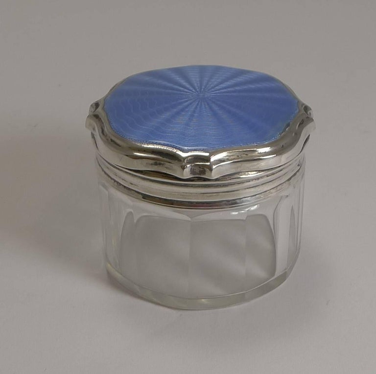 Art Deco Sterling Silver and Guilloche Enamel Lidded Vanity Jar, 1931
