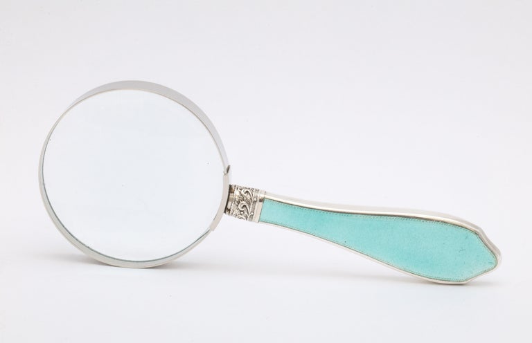 English Art Deco Sterling Silver and Light Turquoise Enamel-Mounted Magnifying Glass For Sale