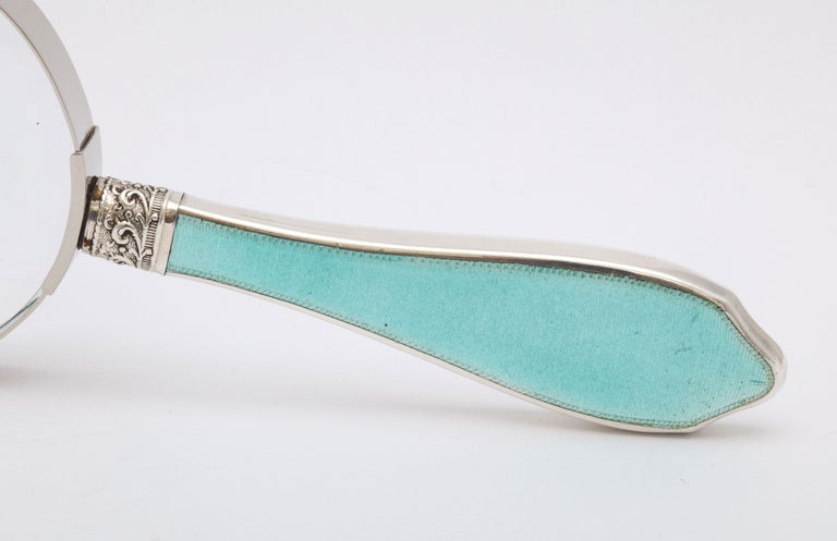 Early 20th Century Art Deco Sterling Silver and Light Turquoise Enamel-Mounted Magnifying Glass For Sale