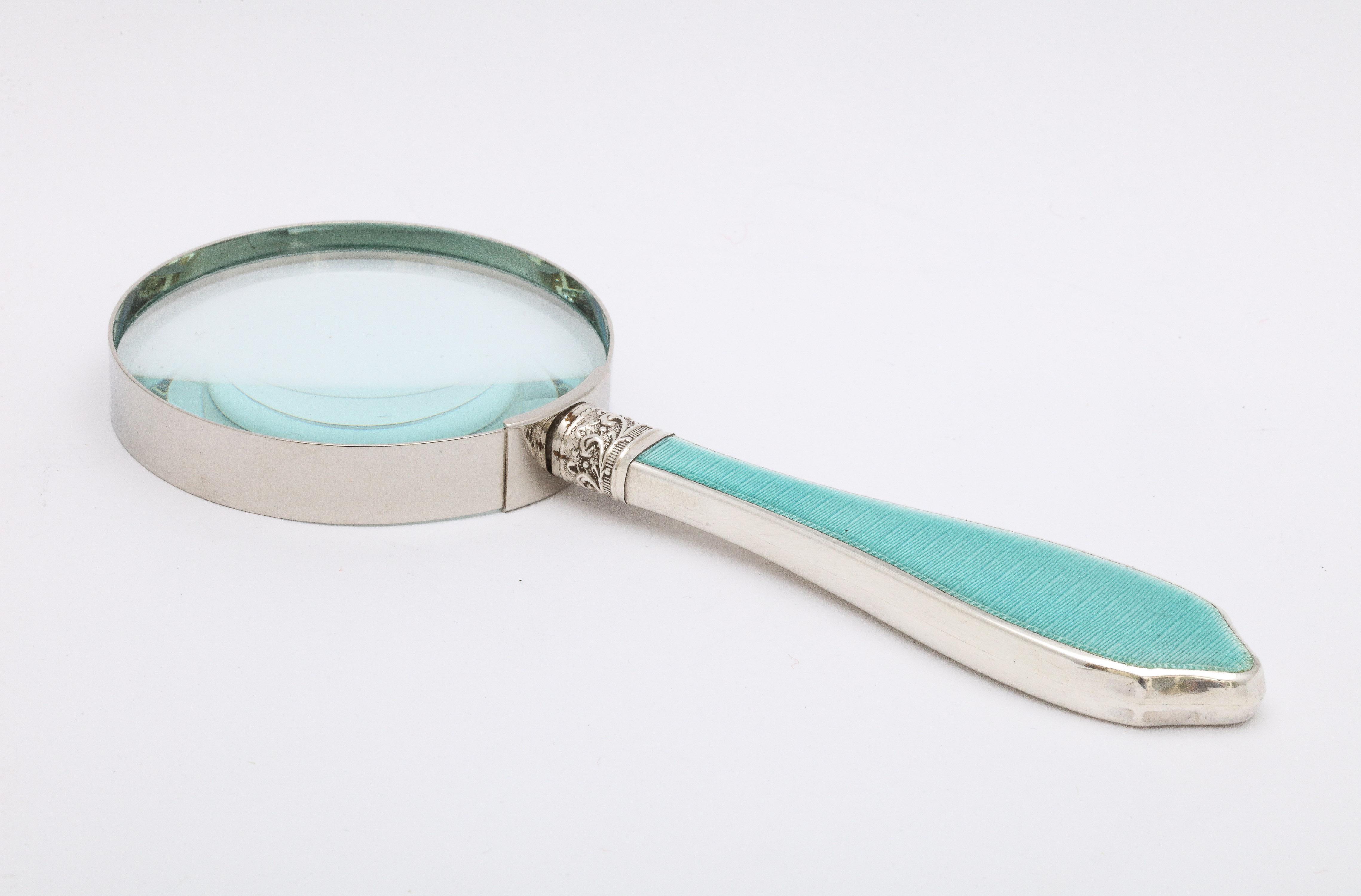 Art Deco Sterling Silver and Light Turquoise Enamel-Mounted Magnifying Glass 1