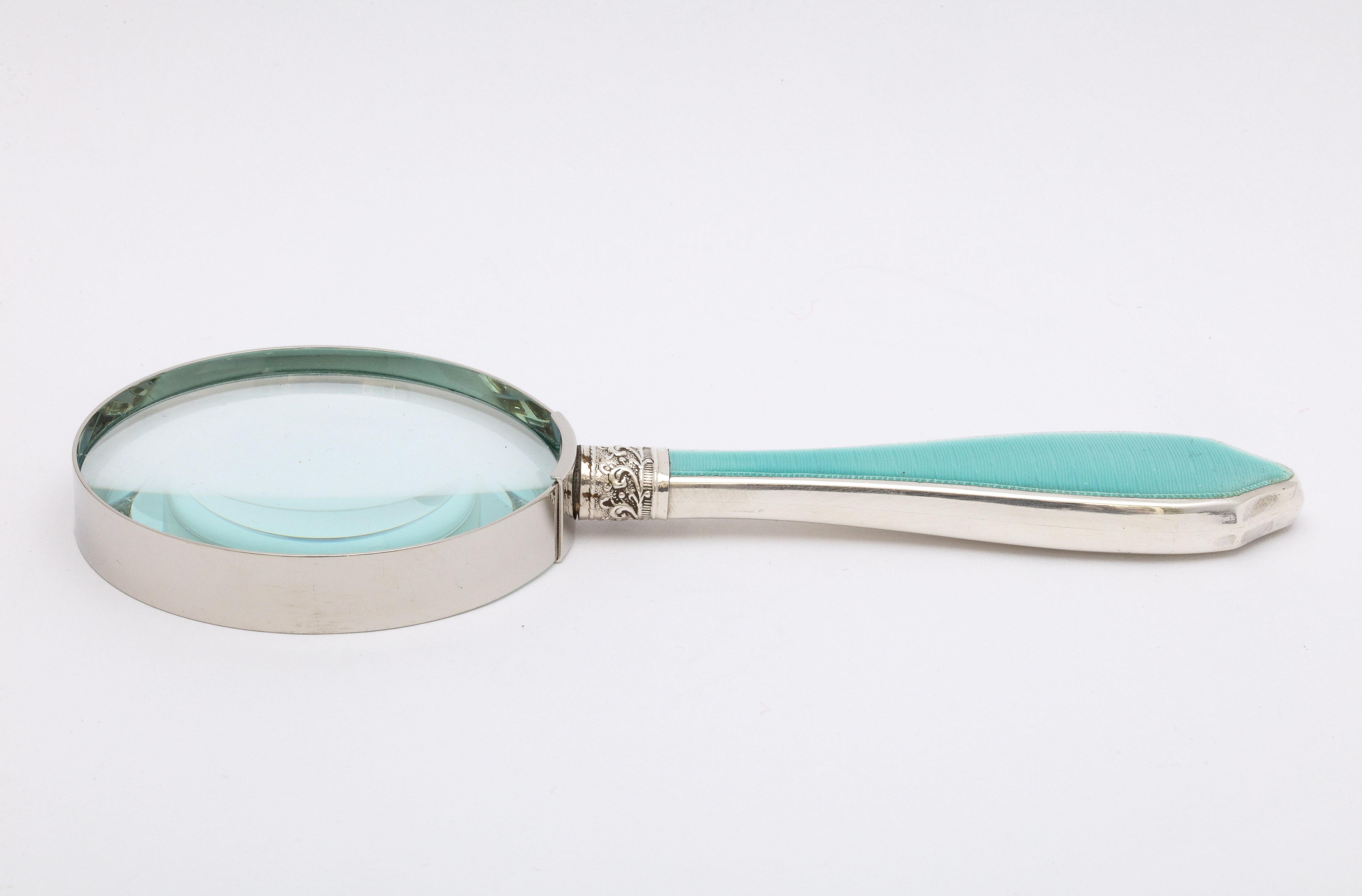 Art Deco Sterling Silver and Light Turquoise Enamel-Mounted Magnifying Glass 2