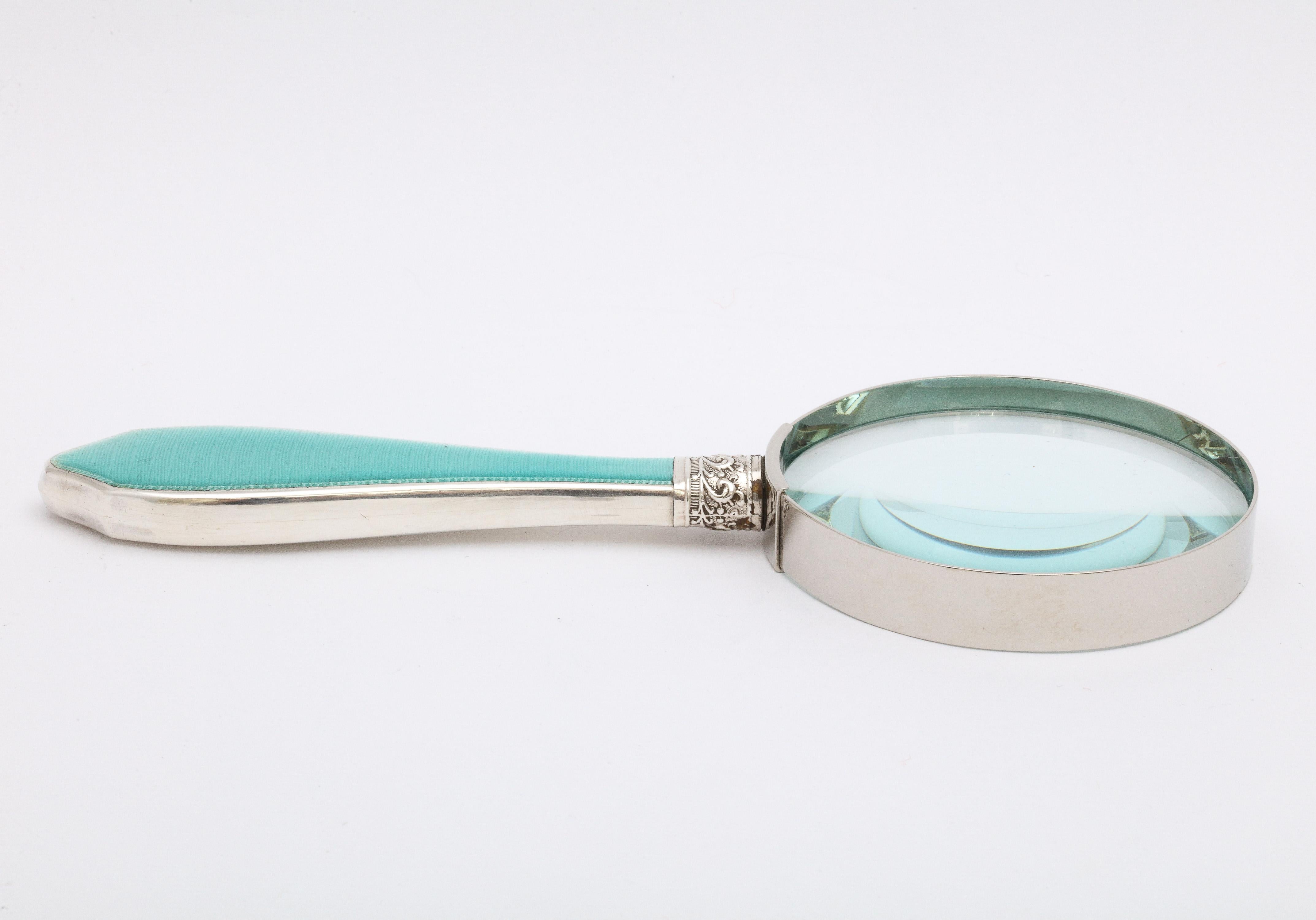Art Deco Sterling Silver and Light Turquoise Enamel-Mounted Magnifying Glass 3