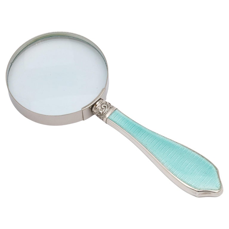 Art Deco Sterling Silver and Light Turquoise Enamel-Mounted Magnifying Glass For Sale