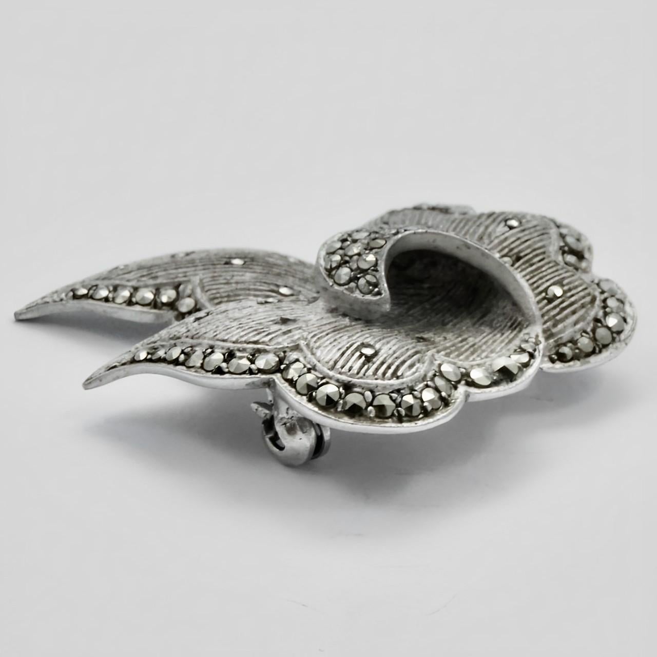 Women's or Men's Art Deco Sterling Silver and Marcasite Leaf Brooch For Sale