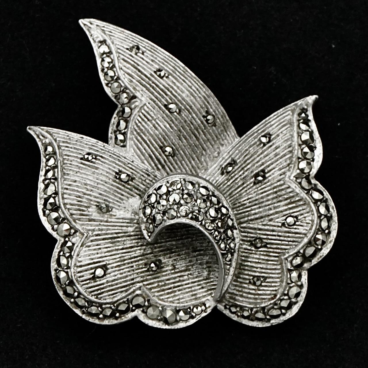 Art Deco Sterling Silver and Marcasite Leaf Brooch For Sale 1