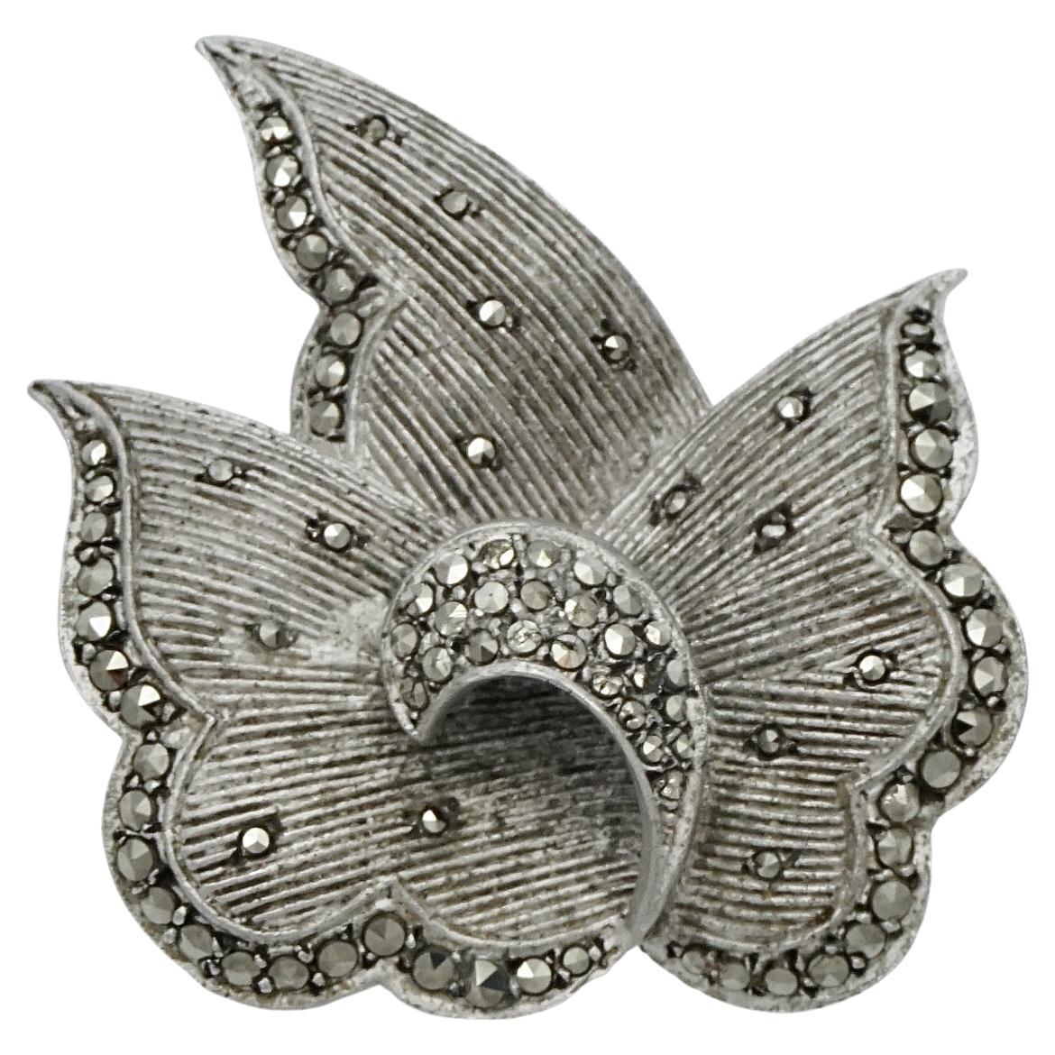 Art Deco Sterling Silver and Marcasite Leaf Brooch For Sale