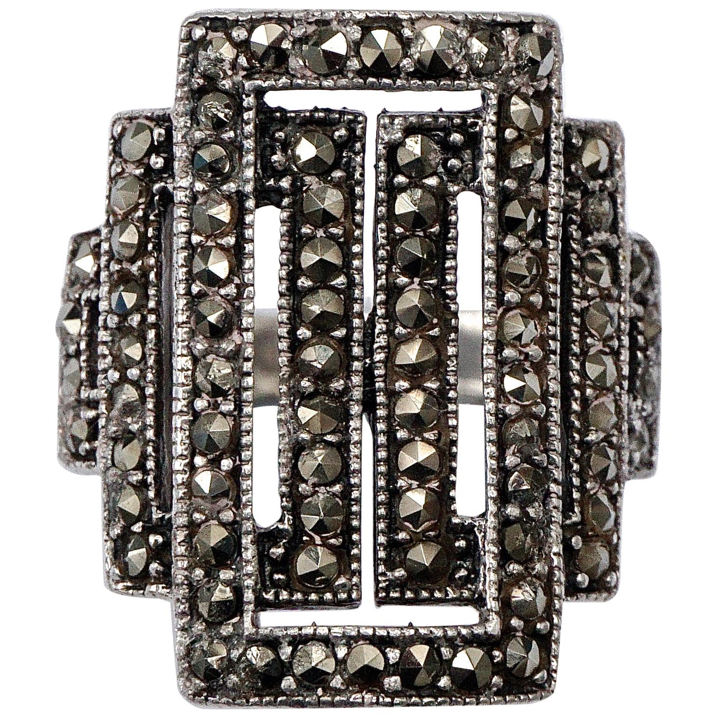 Art Deco Sterling Silver and Marcasite Statement Ring circa 1930s For Sale