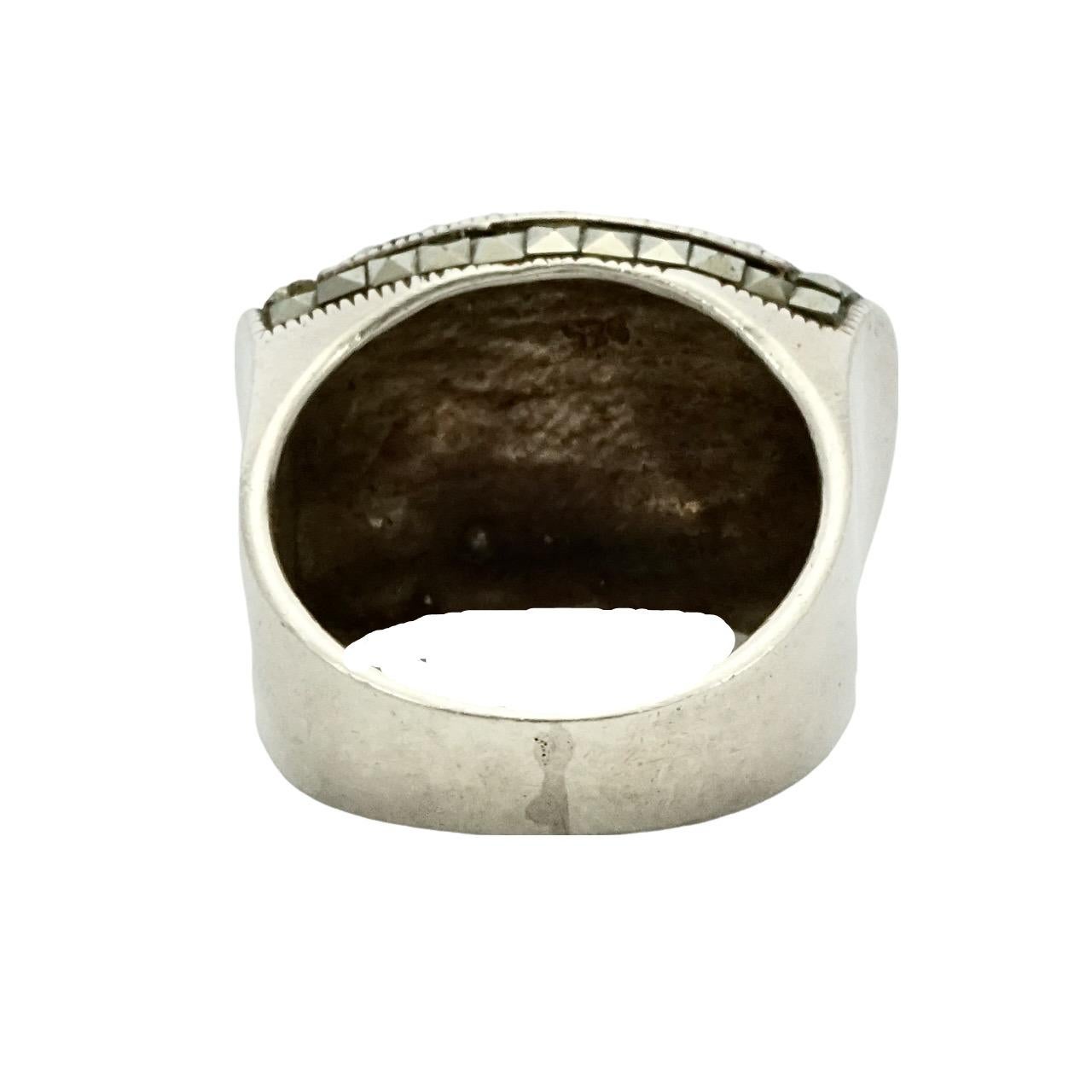 Women's or Men's Art Deco Sterling Silver and Marcasite Tank Ring circa 1930s For Sale