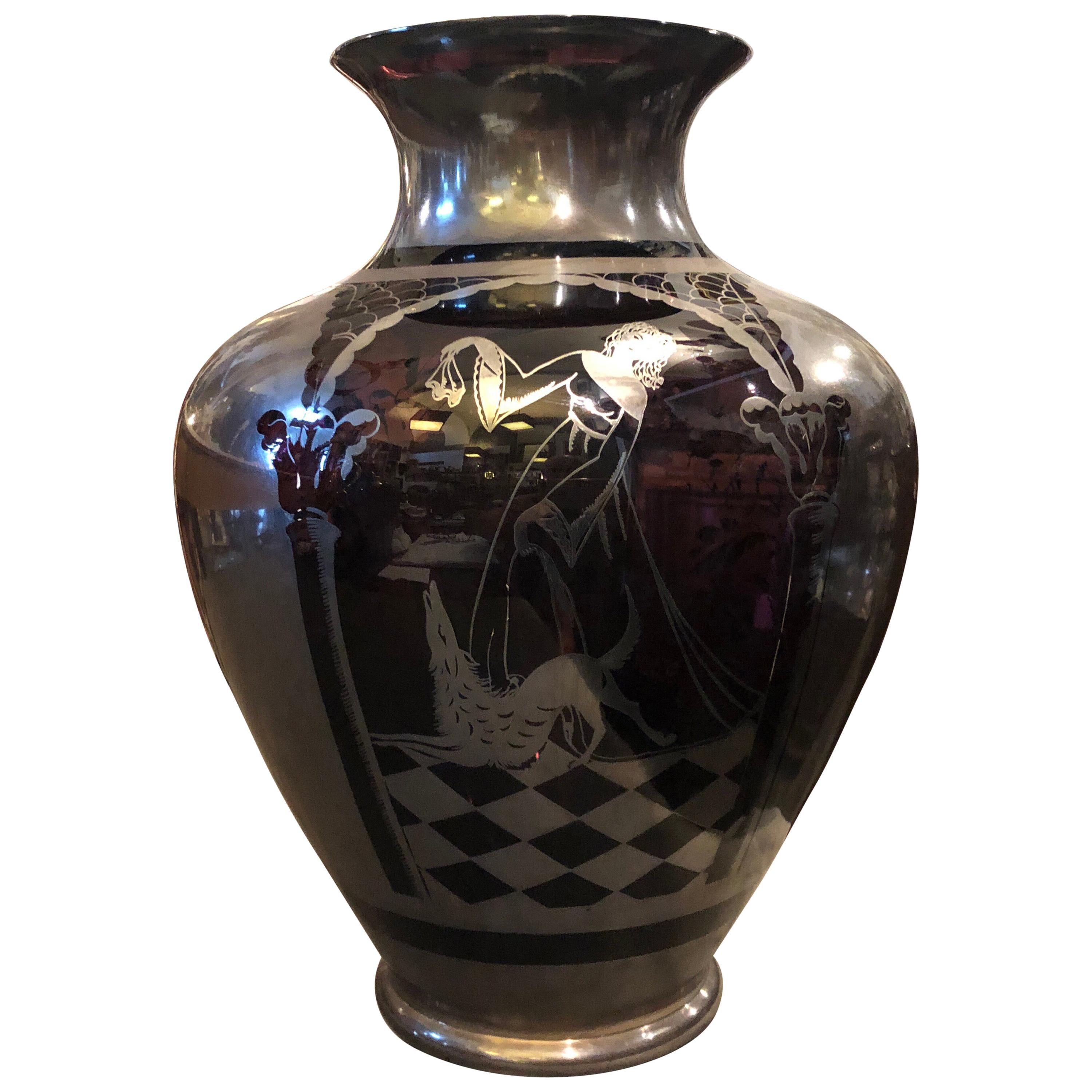 Art Deco Sterling Silver and Purple Glass Italian Vase, circa 1930