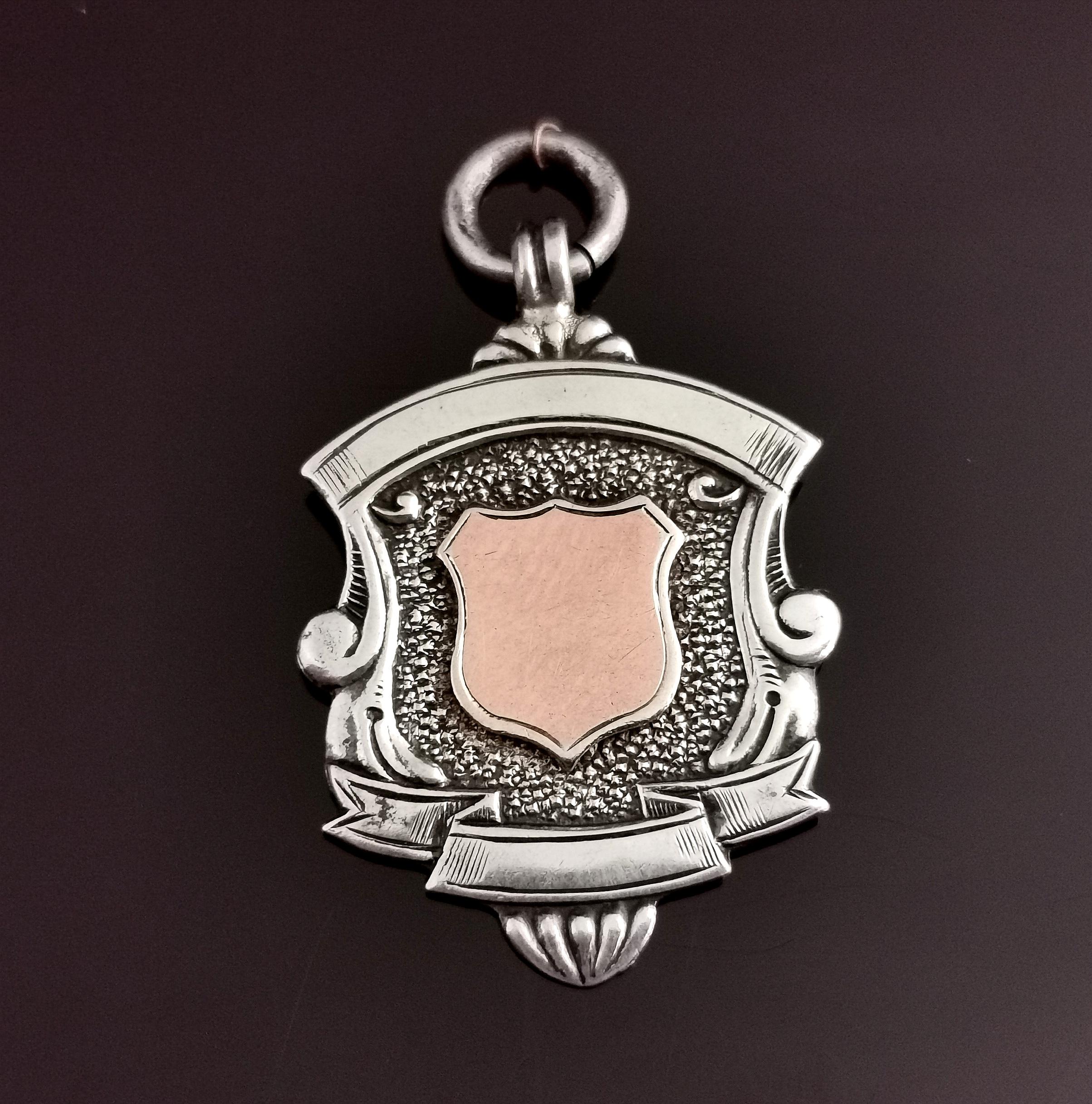 Art Deco Sterling Silver and Rose Gold Shield Fob, Watch Fob Pendant 6