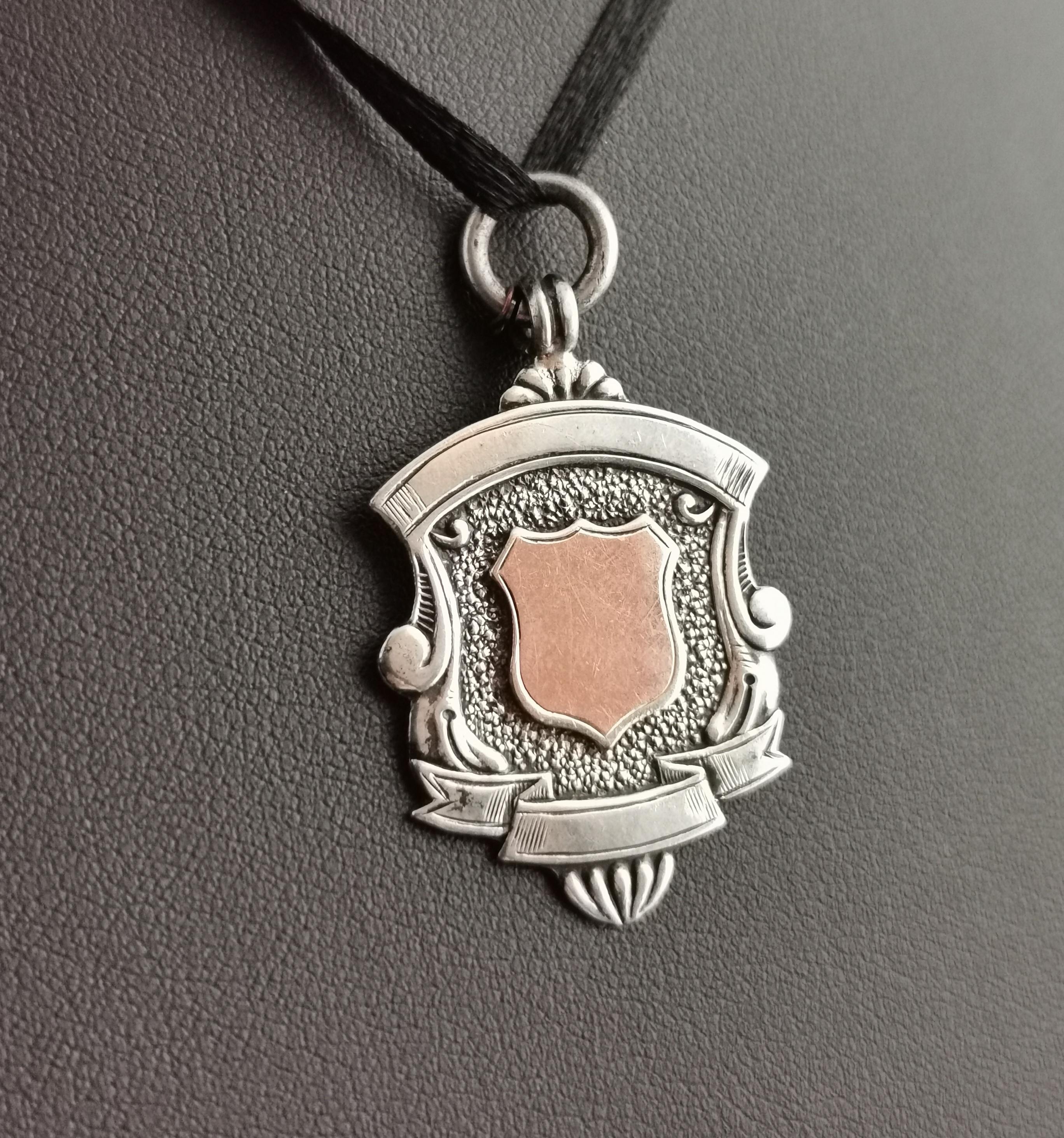 Art Deco Sterling Silver and Rose Gold Shield Fob, Watch Fob Pendant In Good Condition In NEWARK, GB