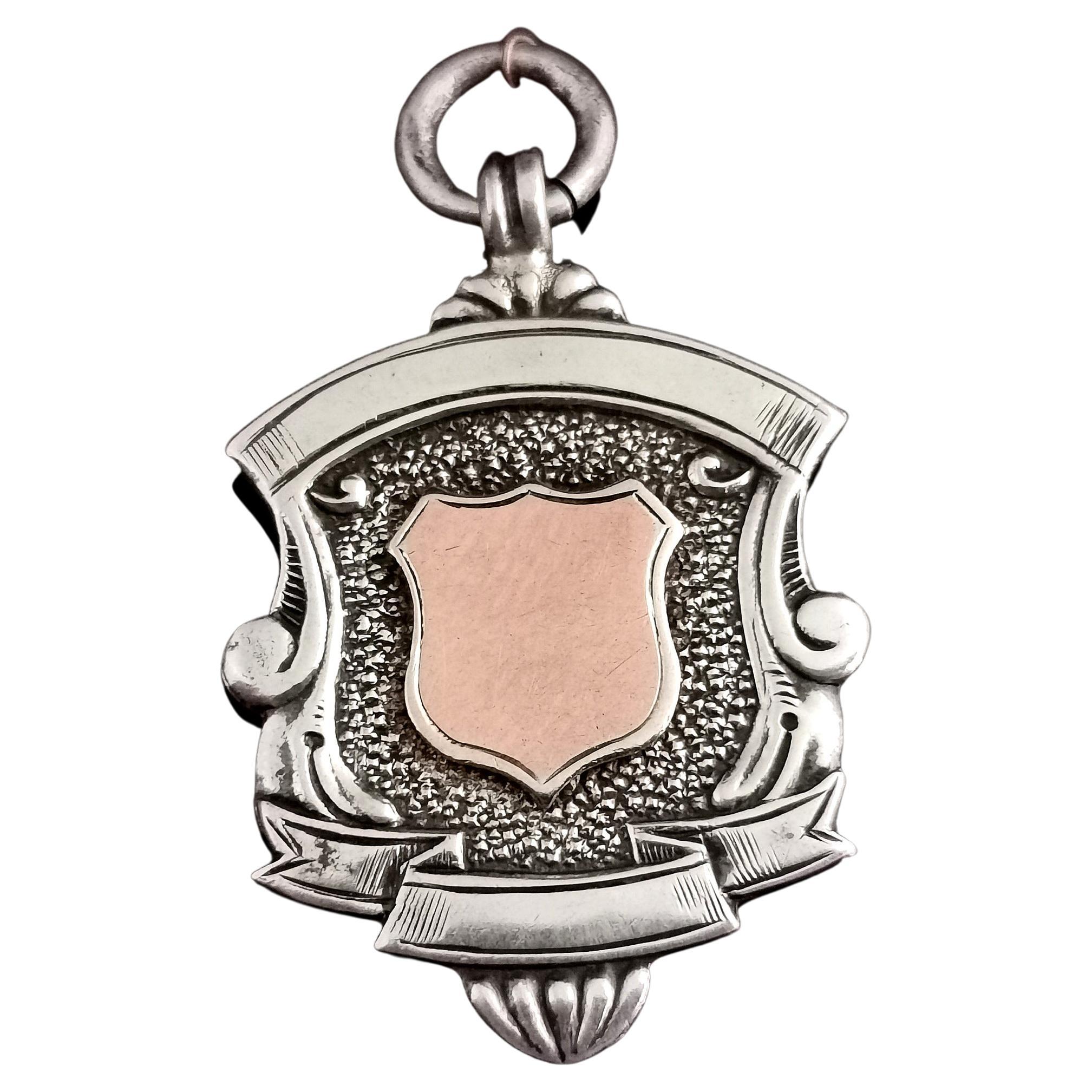 Art Deco Sterling Silver and Rose Gold Shield Fob, Watch Fob Pendant