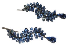 Art Deco Sterling Silver Blue Marquise Rhinestone Drop Earrings