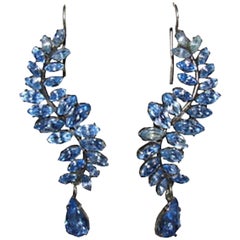 Art Deco Sterling Silver Blue Marquise Rhinestone Drop Earrings