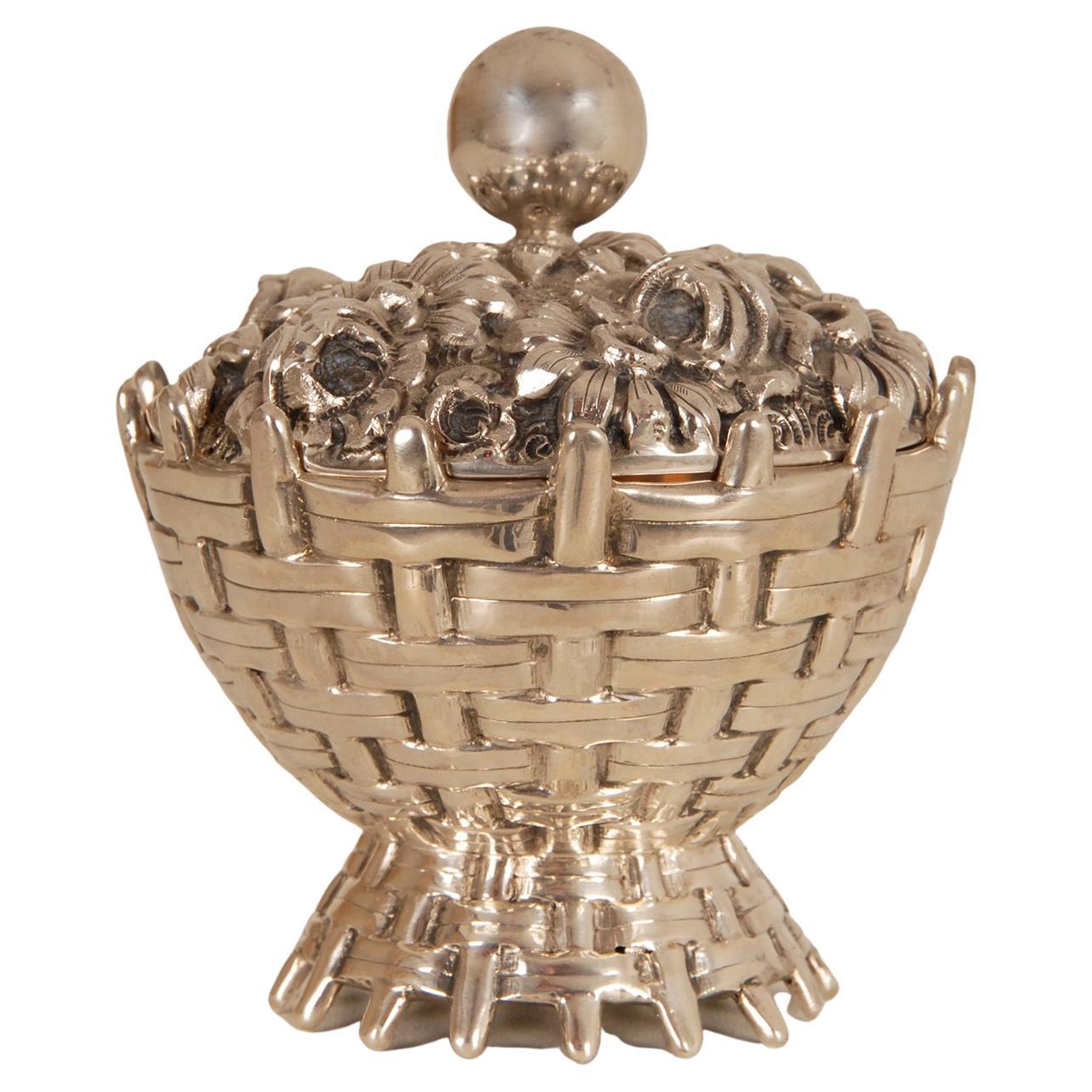 Portuguese Art Deco Sterling Silver Box Flower Basket Cover Gold Gilt Vermeil interior  For Sale
