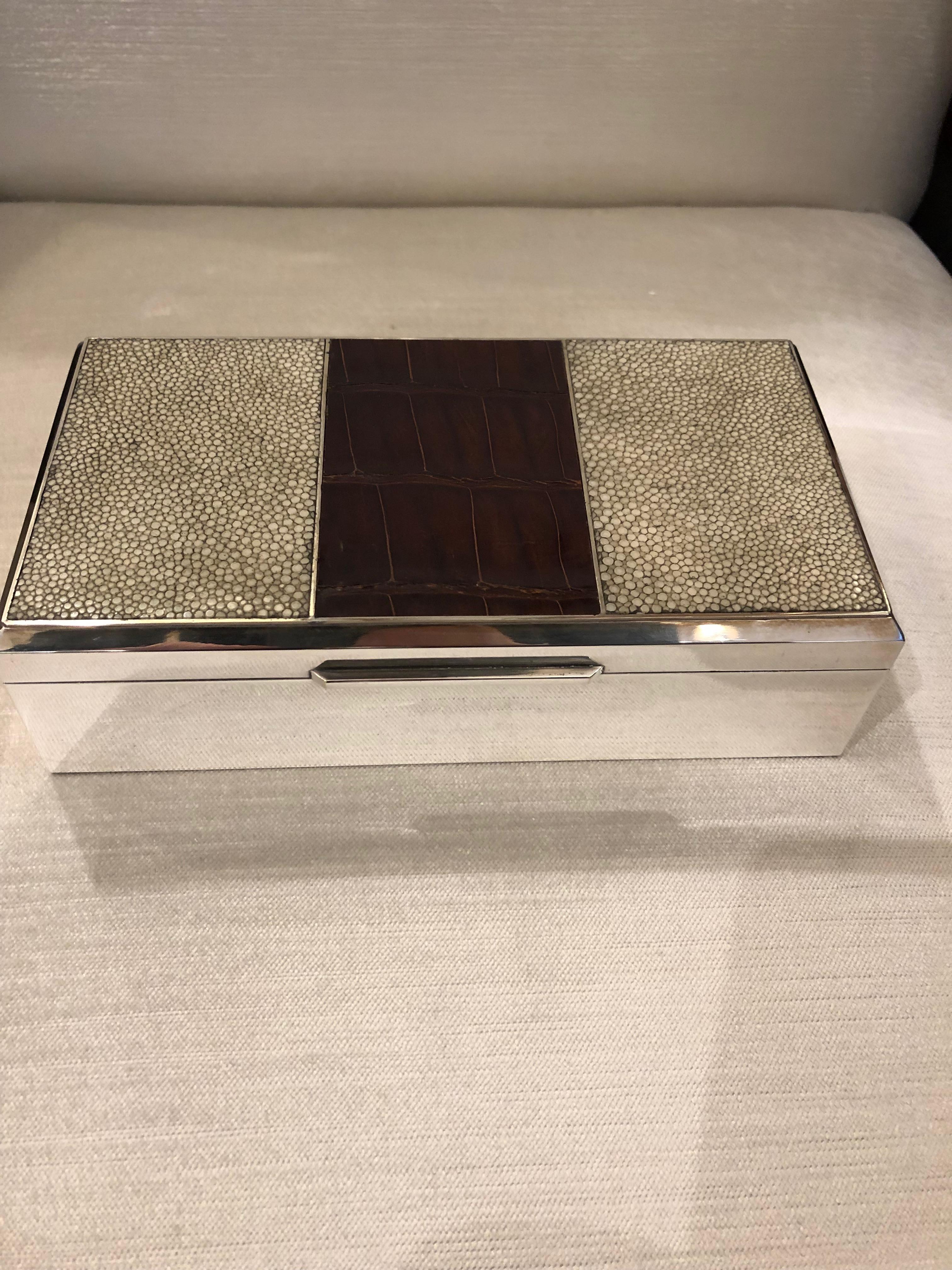 A fine Art Deco sterling silver box 
with shagreen and crocodile details.
 