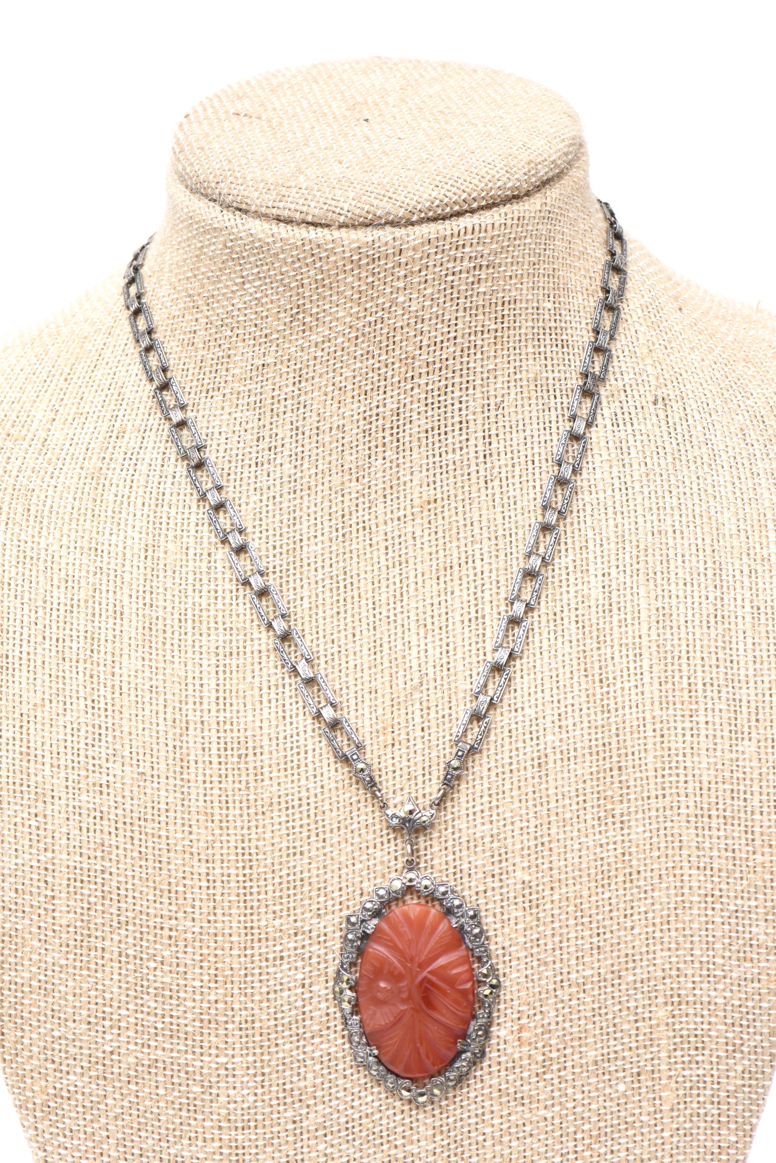 Women's Art Deco Sterling Silver, Carnelian and Marquisette Necklace For Sale