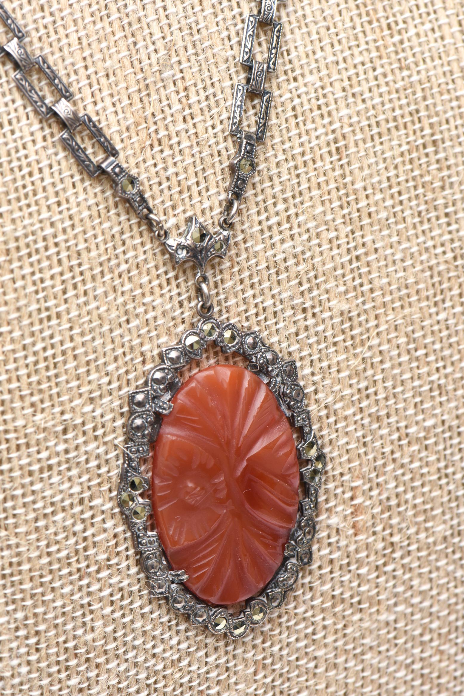 Art Deco Sterling Silver, Carnelian and Marquisette Necklace For Sale 1