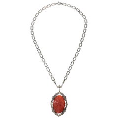 Art Deco Sterling Silver, Carnelian and Marquisette Necklace
