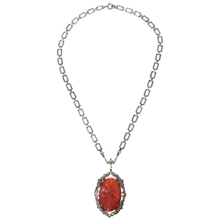 Art Deco Sterling Silver, Carnelian and Marquisette Necklace For Sale