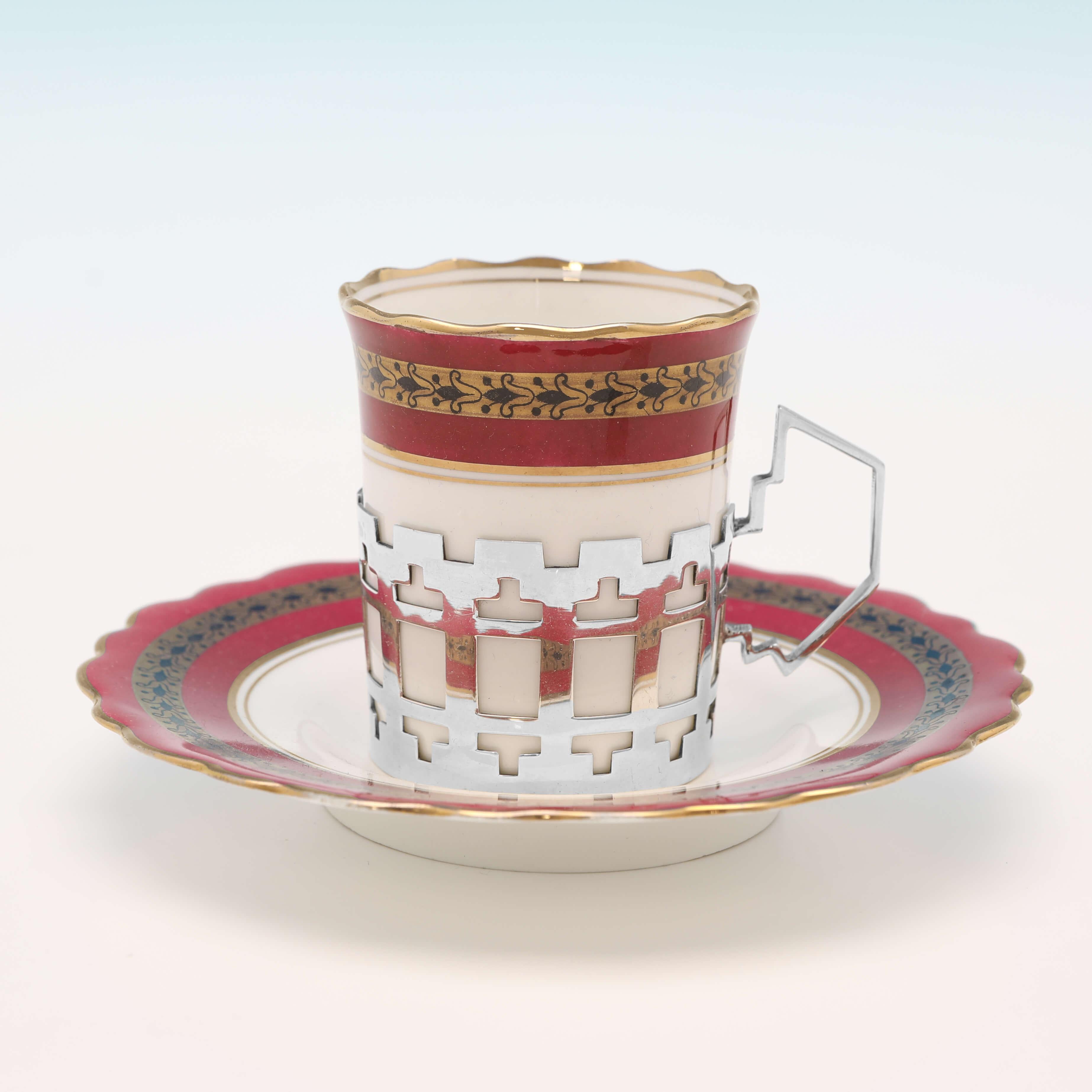 English Art Deco, Sterling Silver & China Coffee Cup Set, Aynsley & Walker & Hall, 1933