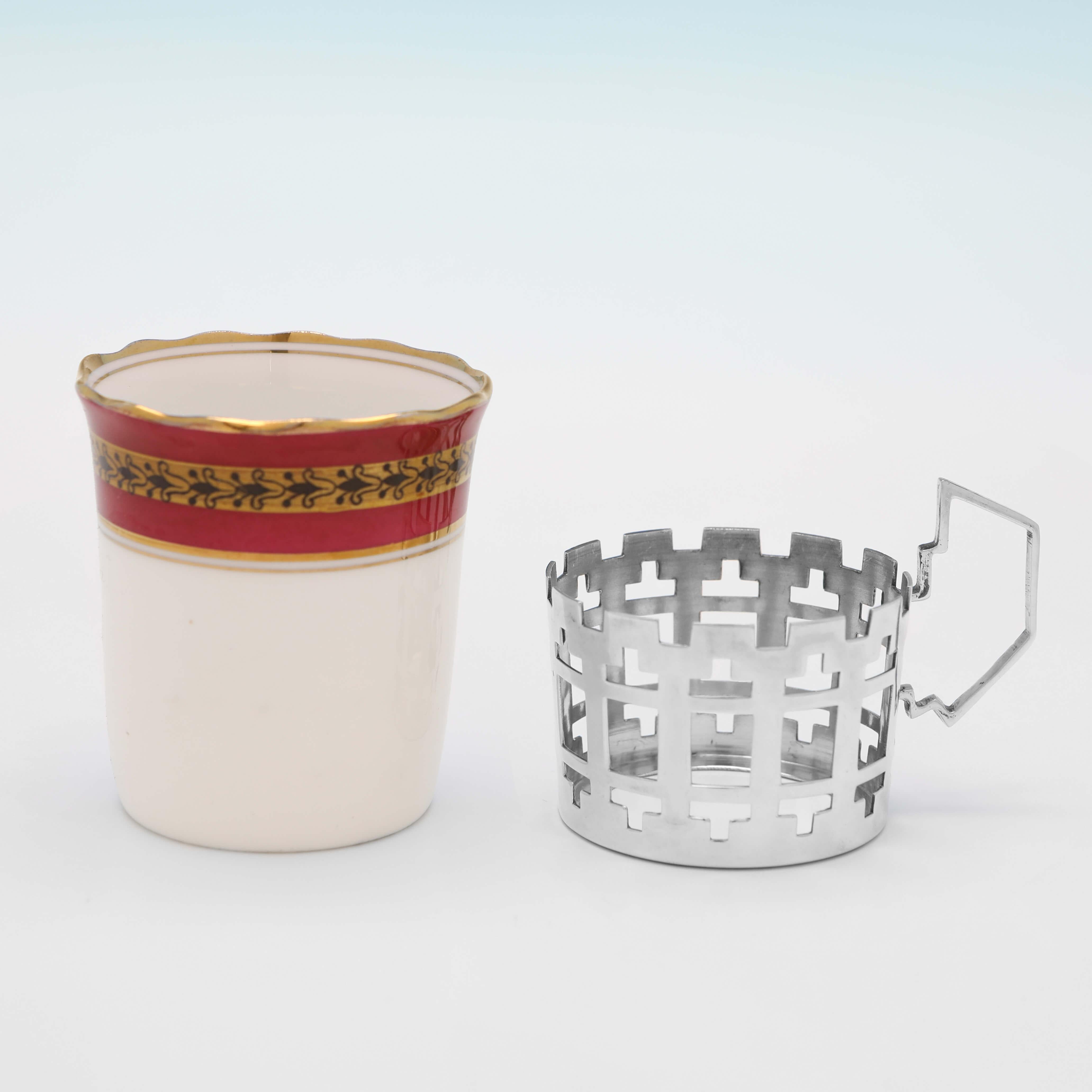 Mid-20th Century Art Deco, Sterling Silver & China Coffee Cup Set, Aynsley & Walker & Hall, 1933