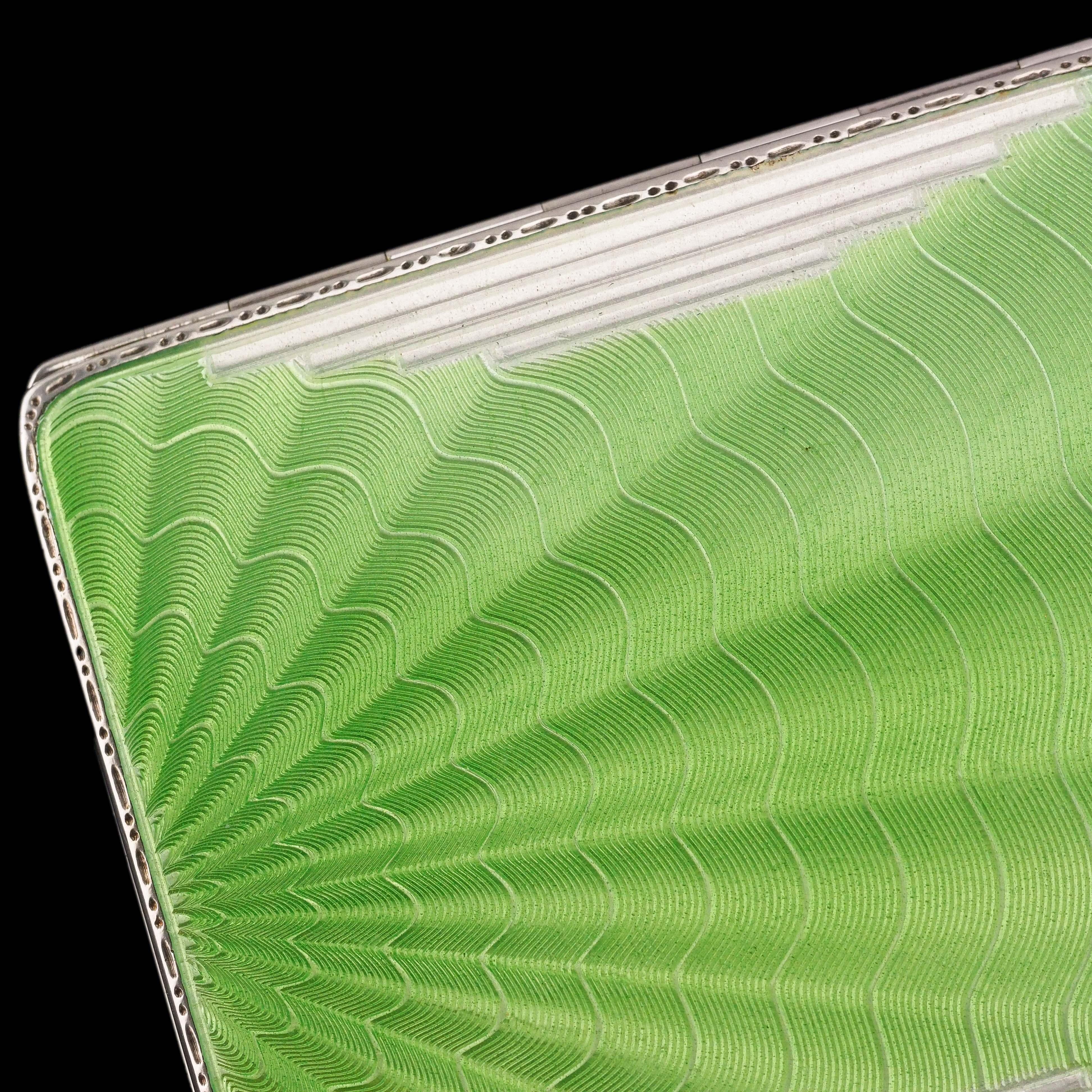 Art Deco Sterling Silver Cigarette Case with Green Enamel Guilloche Sunburst Ray For Sale 7