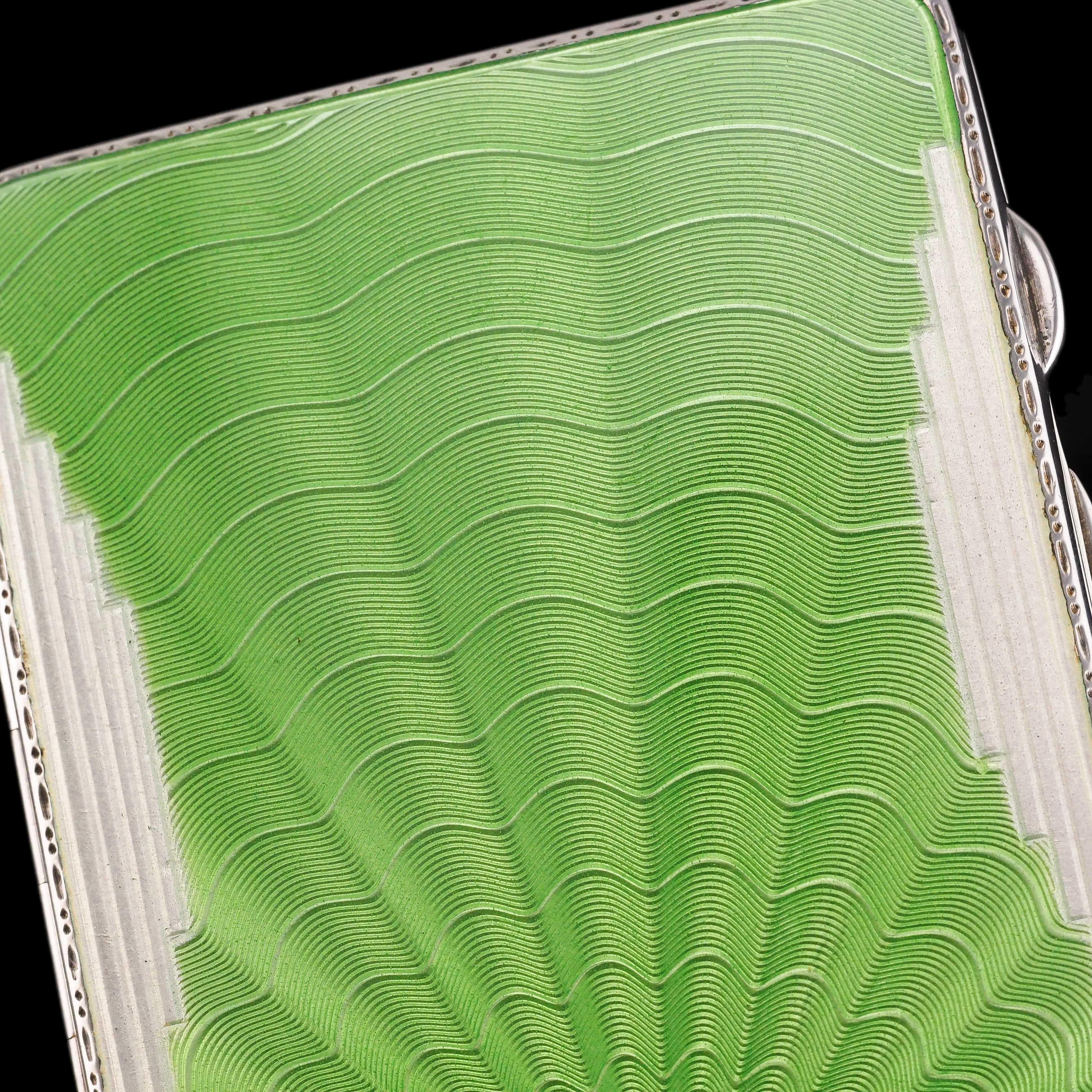 Art Deco Sterling Silver Cigarette Case with Green Enamel Guilloche Sunburst Ray For Sale 8