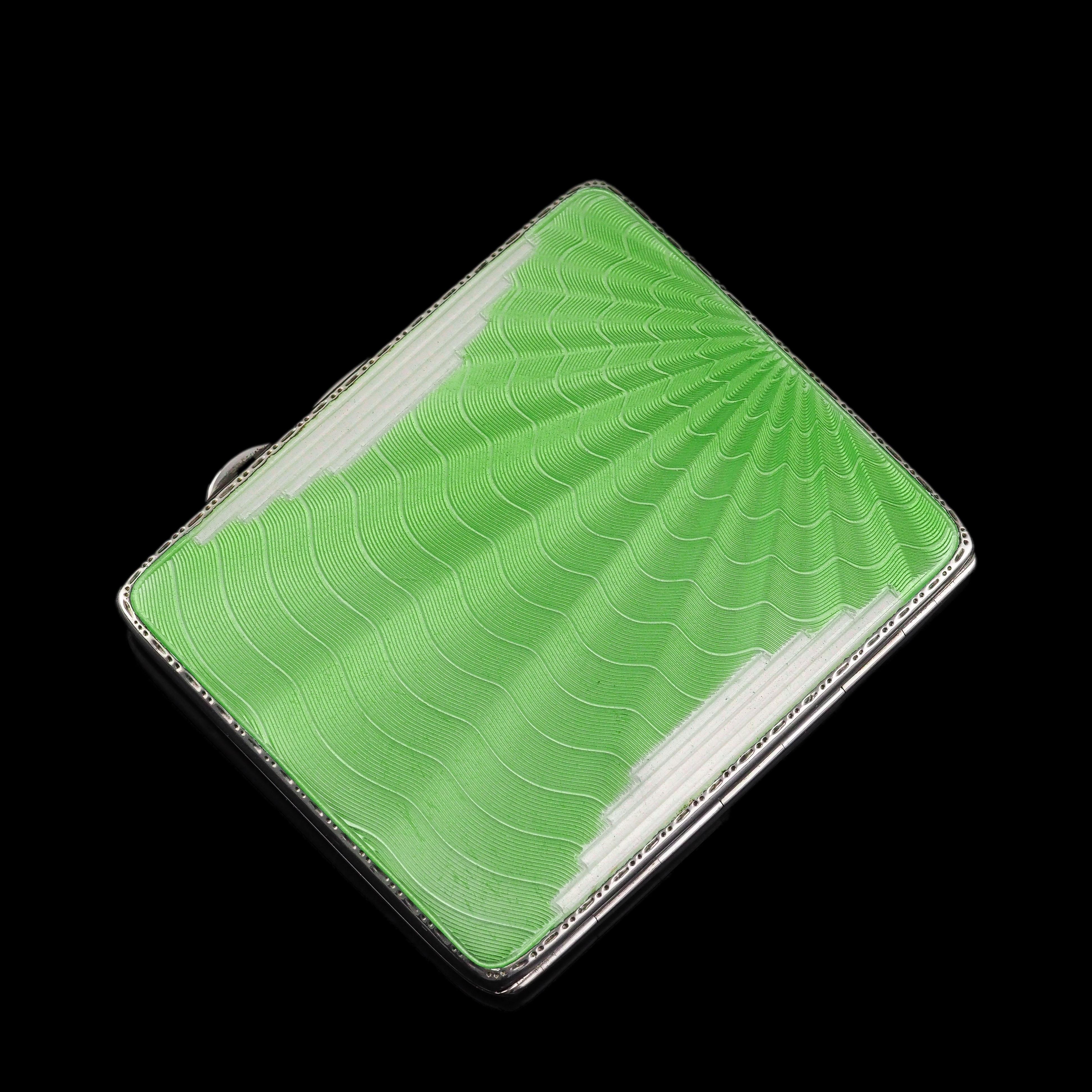Art Deco Sterling Silver Cigarette Case with Green Enamel Guilloche Sunburst Ray For Sale 12