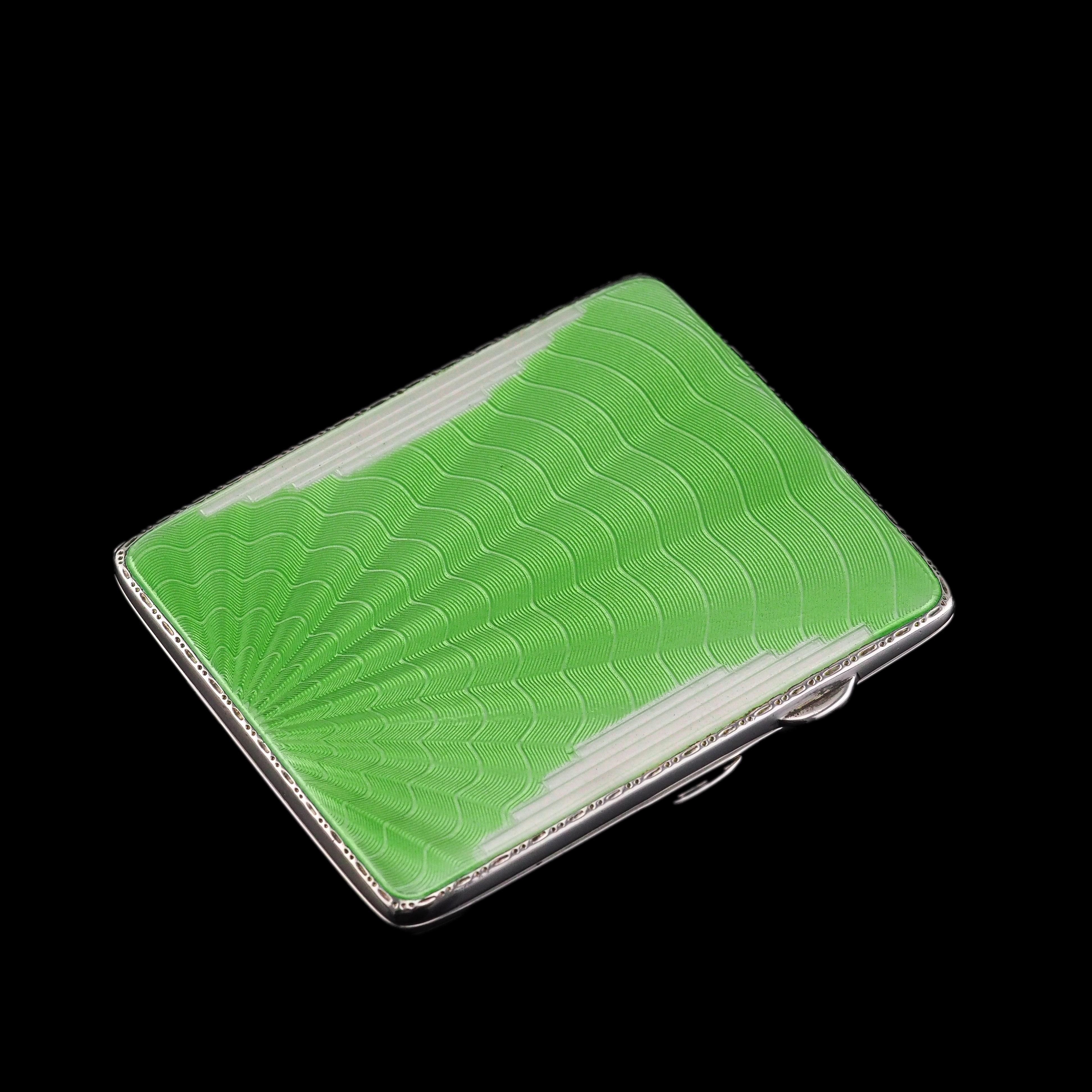 Art Deco Sterling Silver Cigarette Case with Green Enamel Guilloche Sunburst Ray For Sale 13