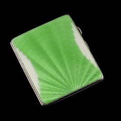 Art Deco Sterling Silver Cigarette Case with Green Enamel Guilloche Sunburst Ray