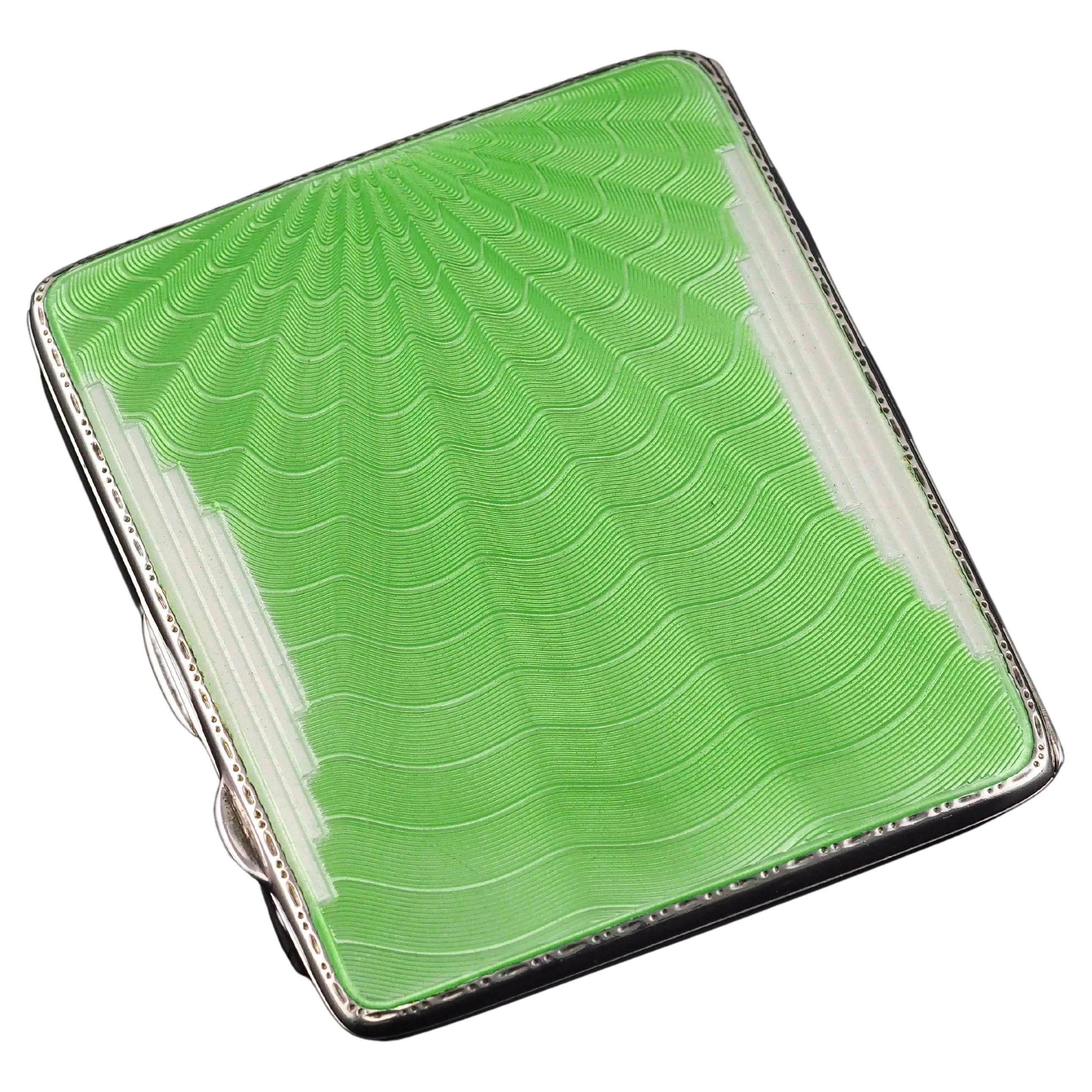Art Deco Sterling Silver Cigarette Case with Green Enamel Guilloche Sunburst Ray For Sale