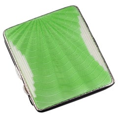 Art Deco Sterling Silver Cigarette Case with Green Enamel Guilloche Sunburst Ray