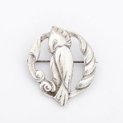 Art Deco Sterling Silver Cockatoo Brooch with Encircled Feather Motif