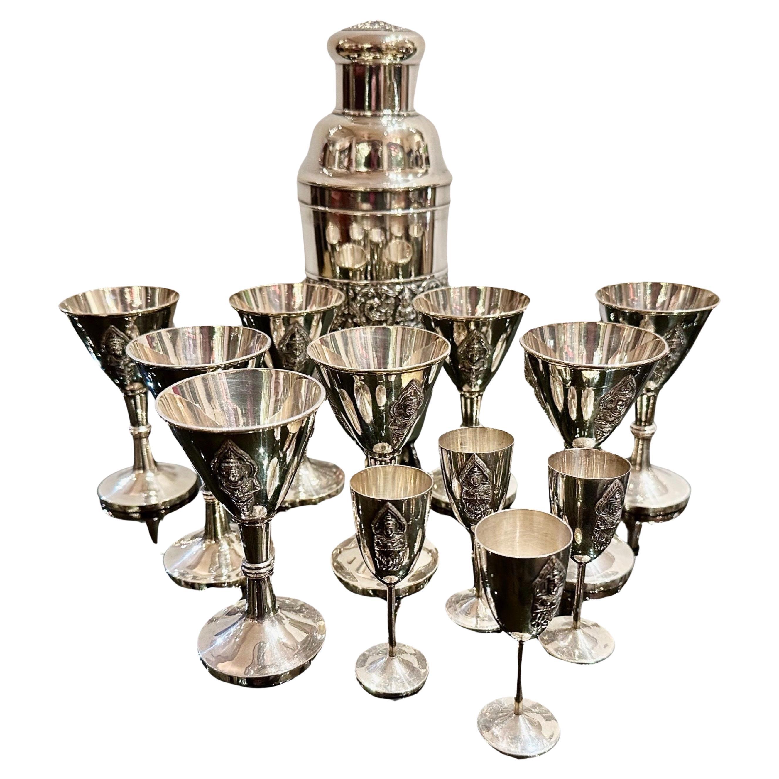 Art Deco Sterling Silver Cocktail Shaker Set with 12 Glasses For Sale