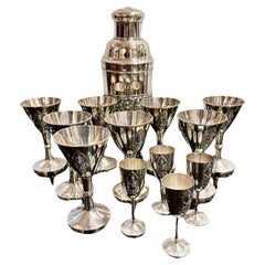 Art Deco Sterling Silver Cocktail Shaker Set with 12 Glasses