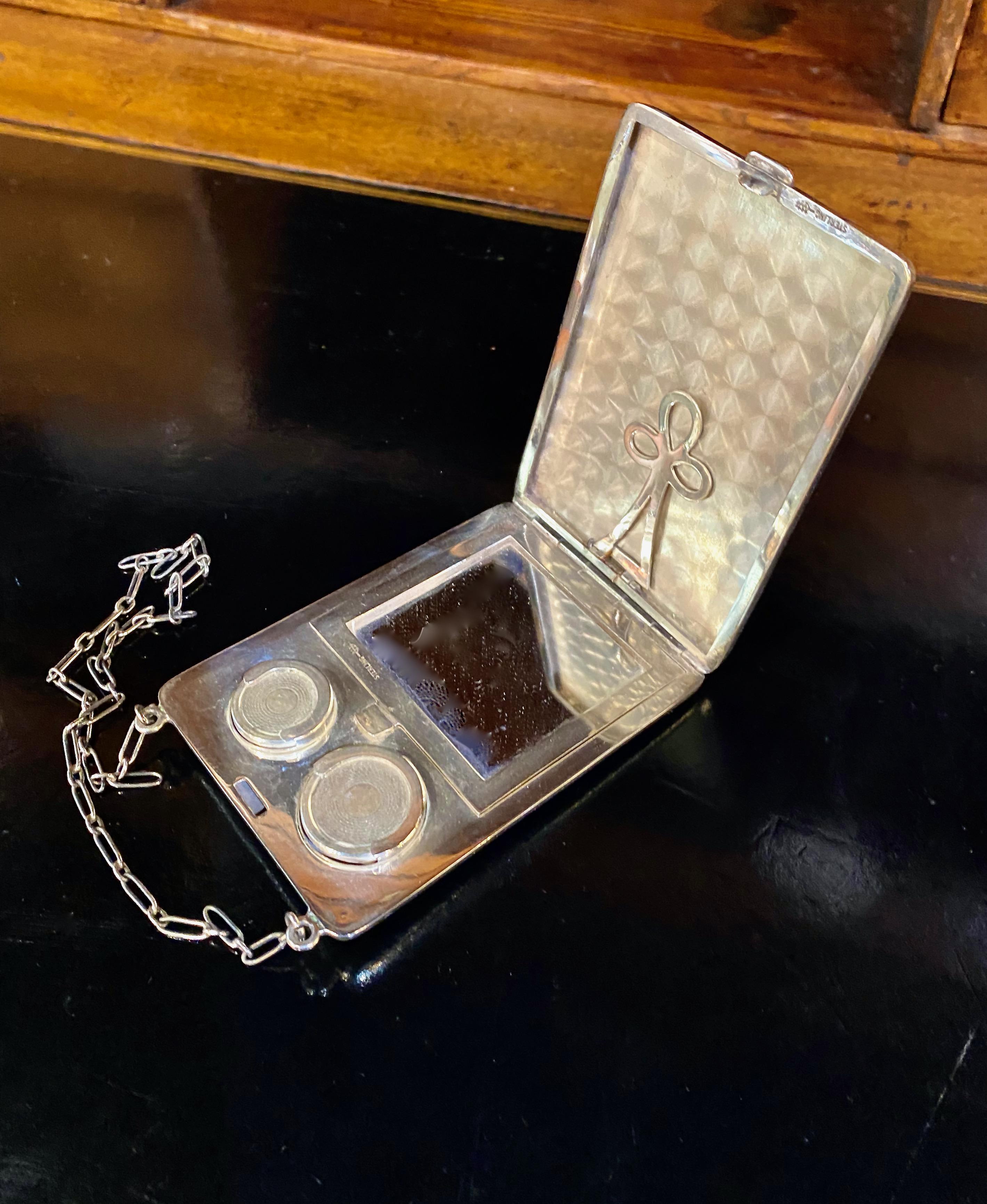 Engraved Art Deco Sterling Silver Compact and Card Case For Sale