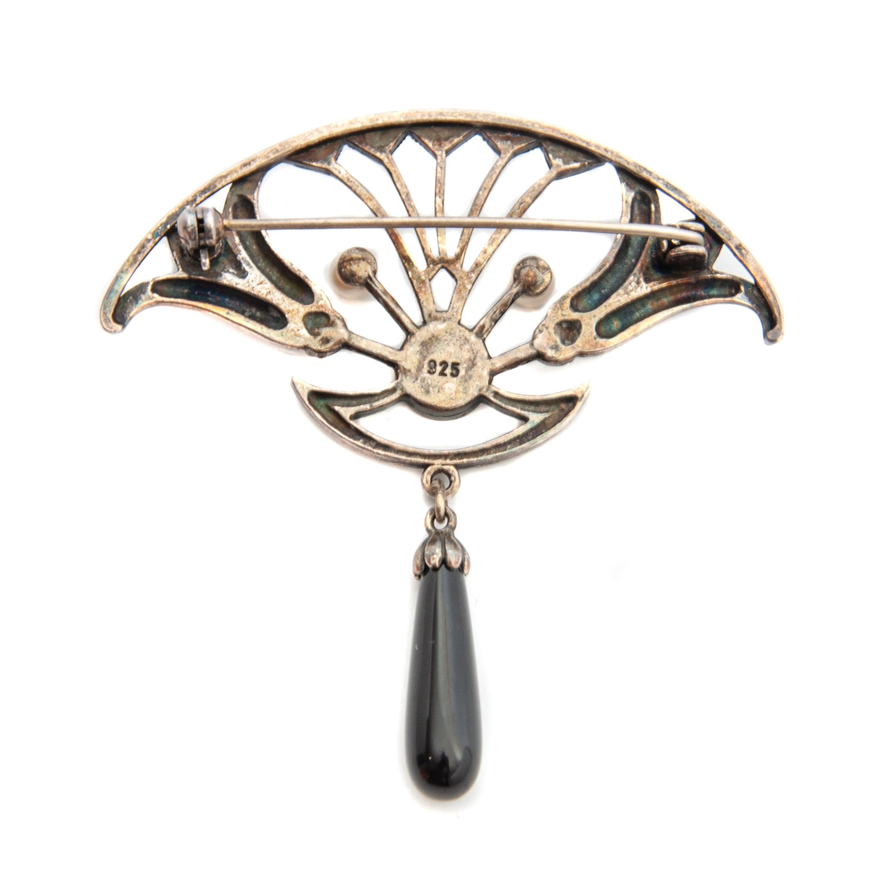 Art Deco Black Onyx Pearls and Crystal Diamonds Silver Brooch 2
