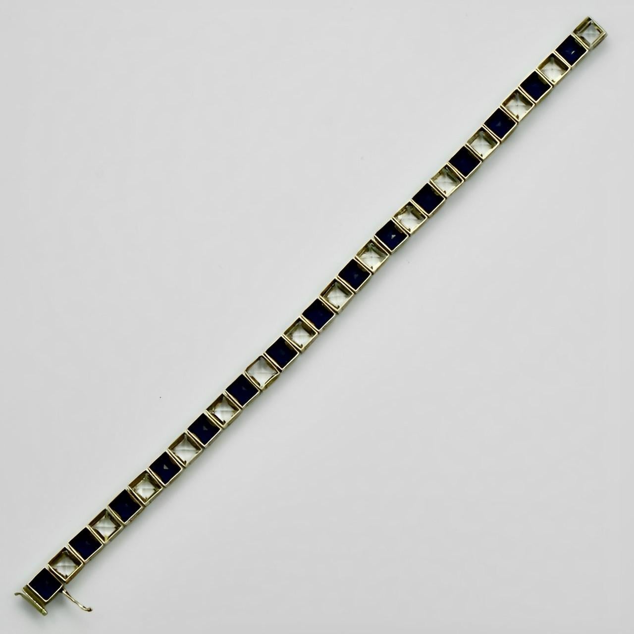 Art Deco Sterling Silver Dark Blue and Clear Paste Stones Link Bracelet In Good Condition In London, GB