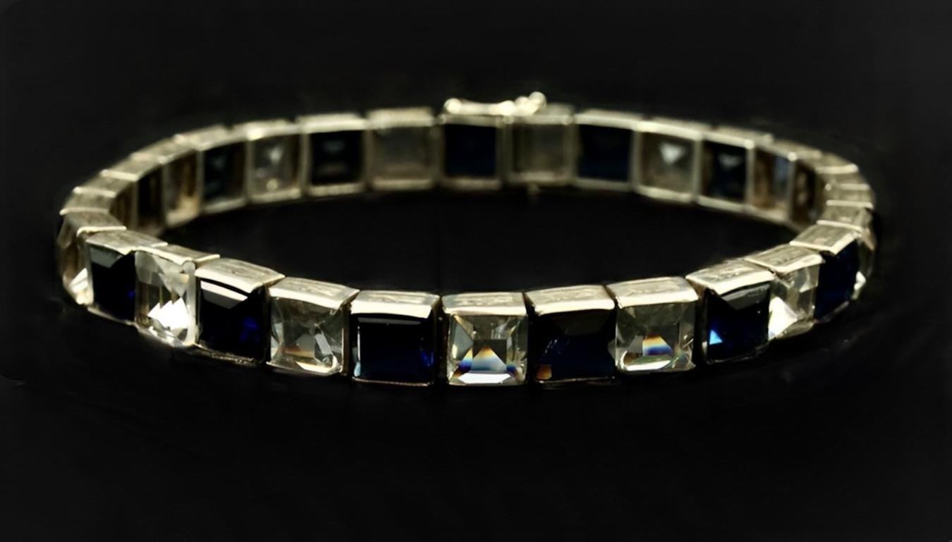 Art Deco Sterling Silver Dark Blue and Clear Paste Stones Link Bracelet 4
