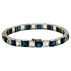 Art Deco Sterling Silver Dark Blue and Clear Paste Stones Link Bracelet