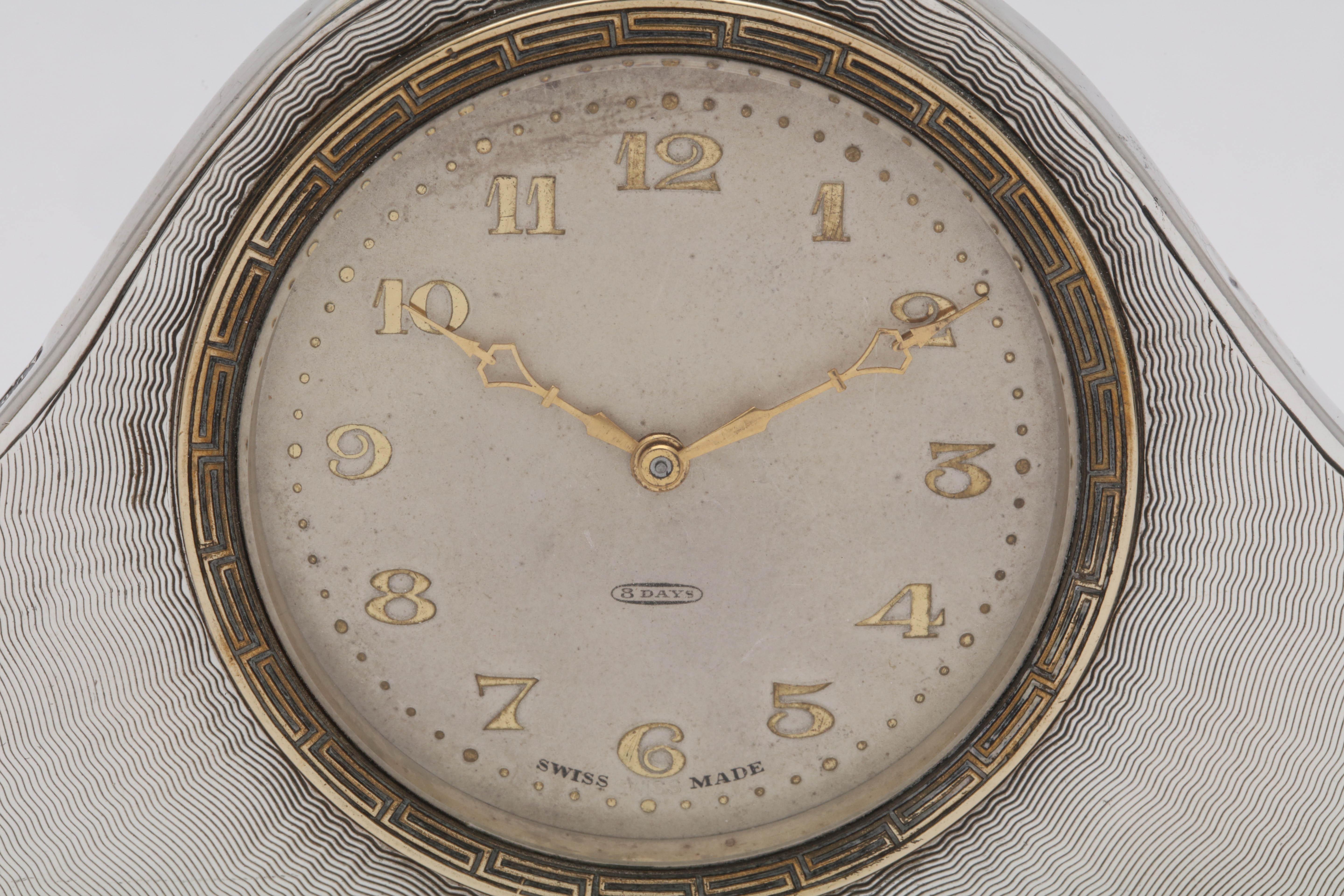 Art Deco Sterling Silver Eight-Day Table Clock on Ball Feet In Good Condition In New York, NY