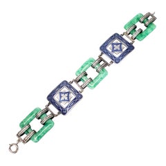 Art Deco Sterling Silver Enamel and Jade Panel Link Bracelet