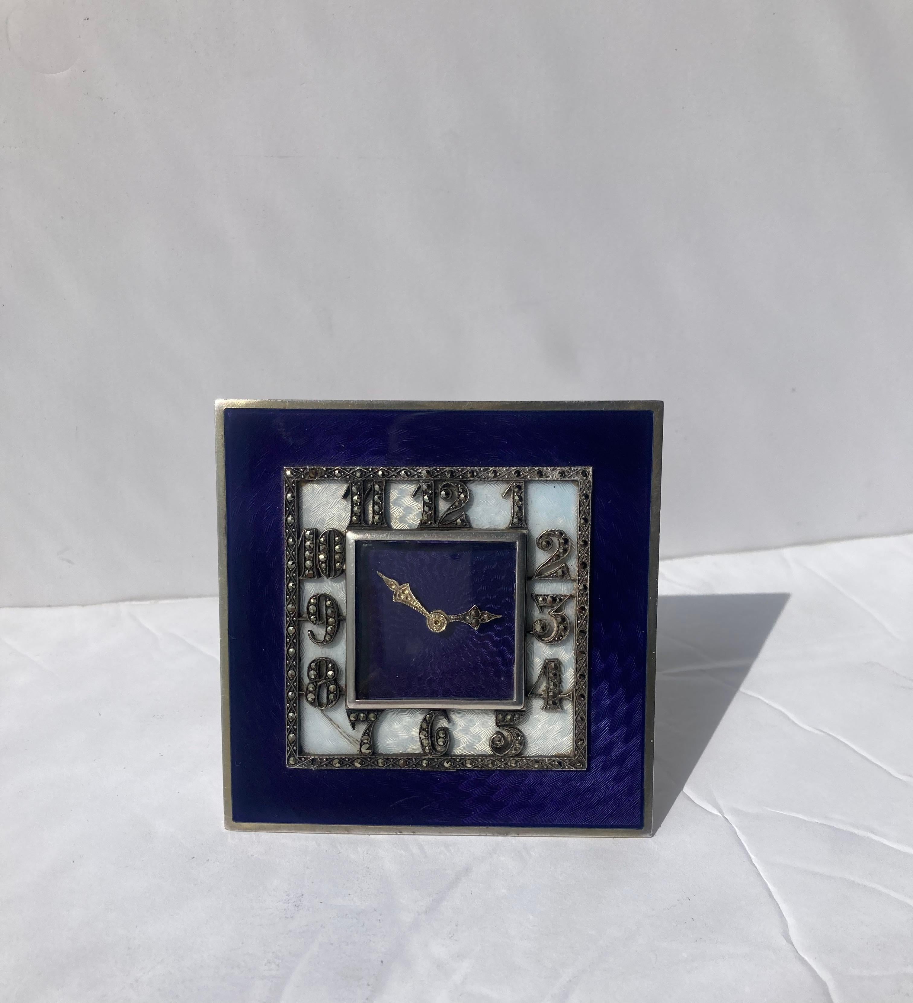 20th Century Art Deco Sterling Silver, Enamel, Marcasites Desk/Table Clock, DRGM For Sale