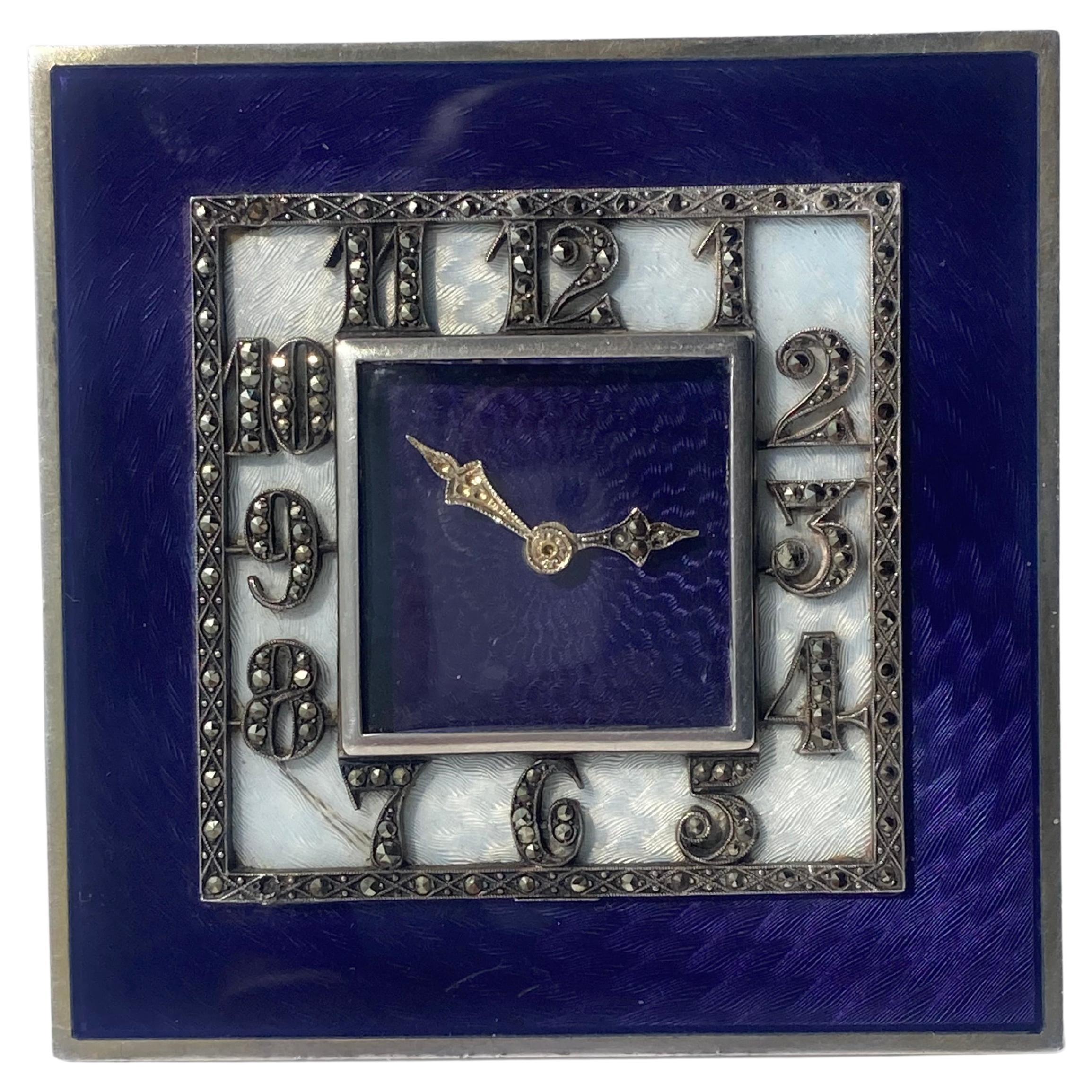 Art Deco Sterling Silver, Enamel, Marcasites Desk/Table Clock, DRGM For Sale