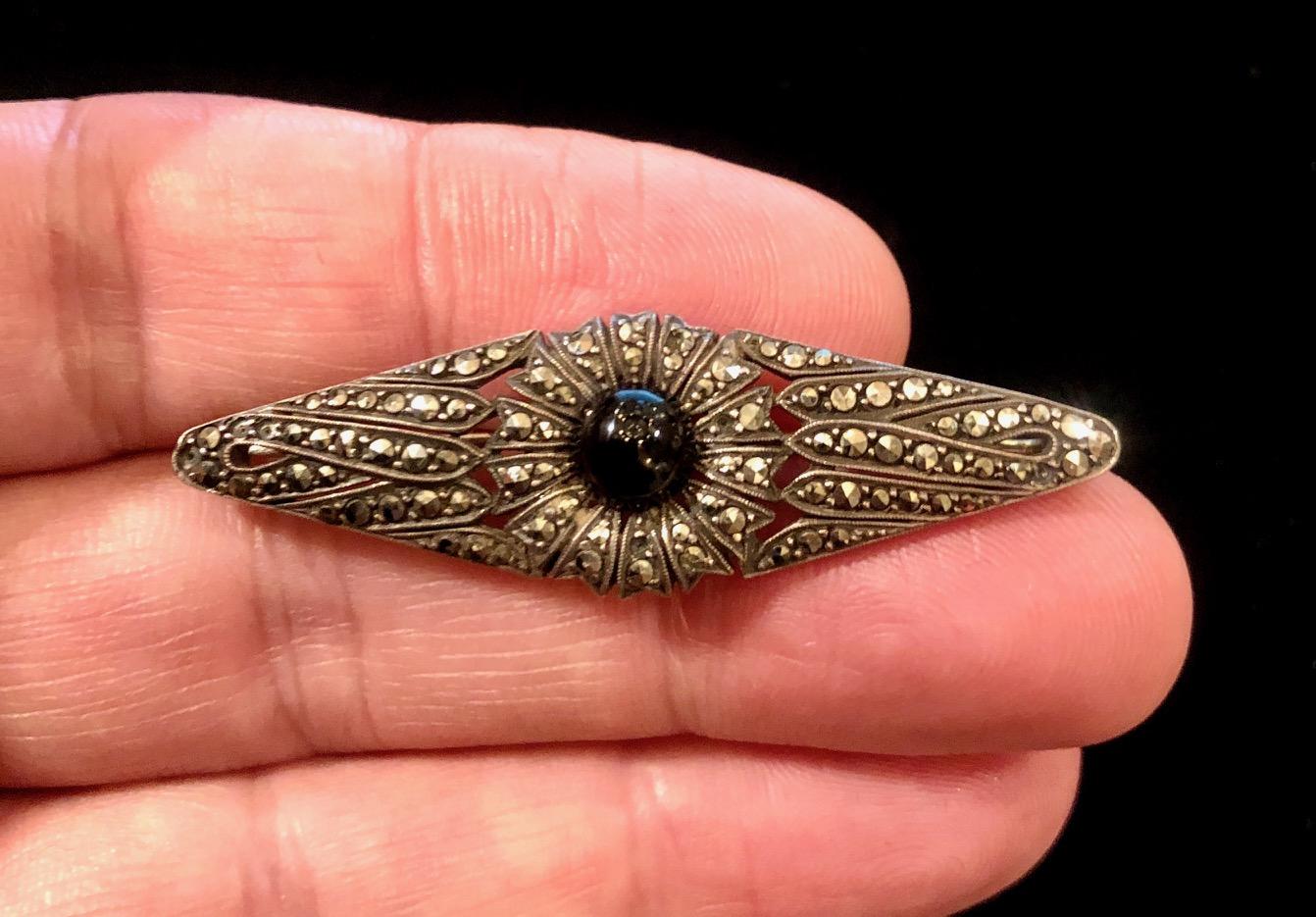 Art Deco Sterling Silver Flower Pin with Marcasite and Onyx, English ca 1930's